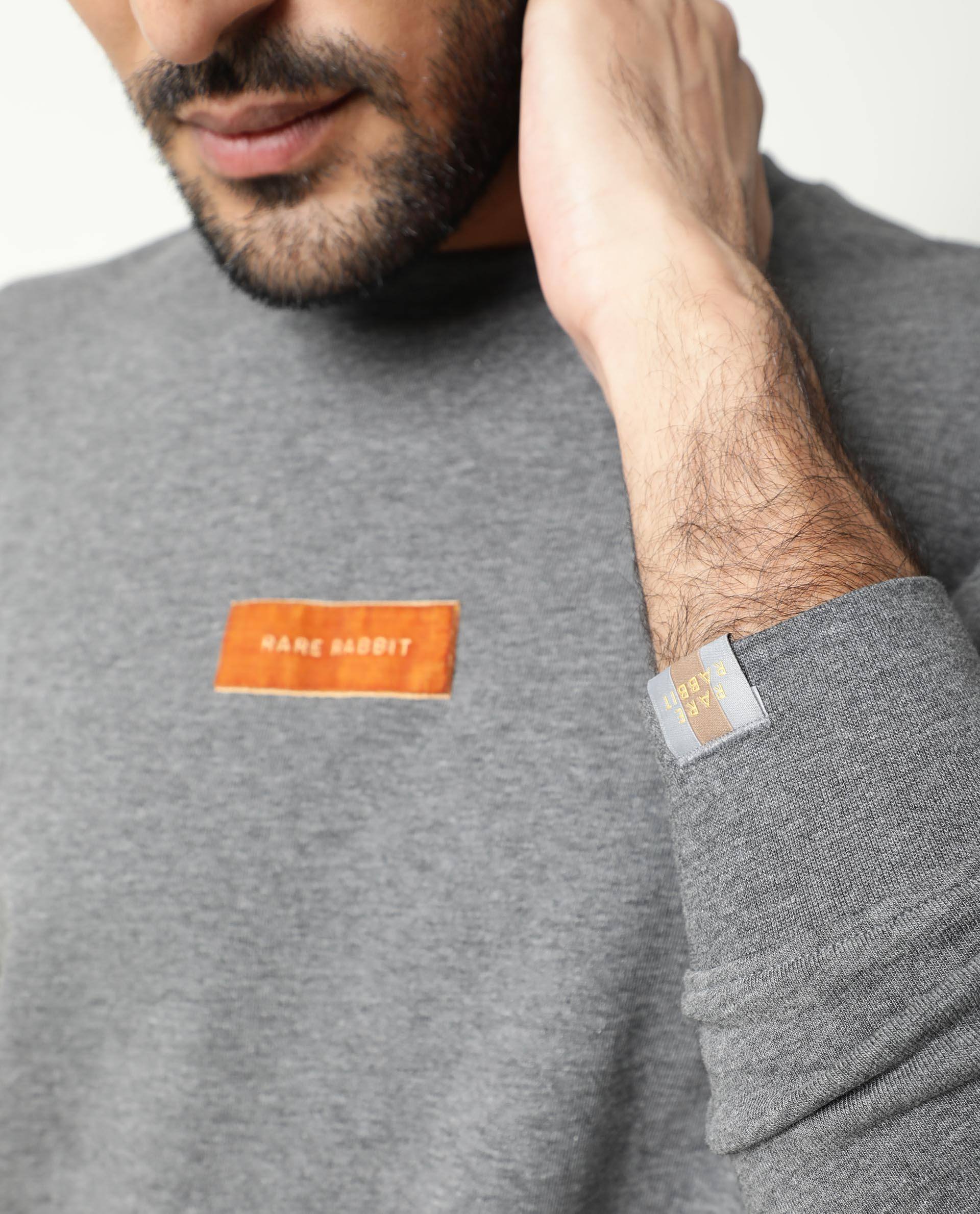 Rare Rabbit Men's Velveto Grey Cotton Plain Regular Fit Full Sleeve Crew Neck Sweatshirt - Image 3