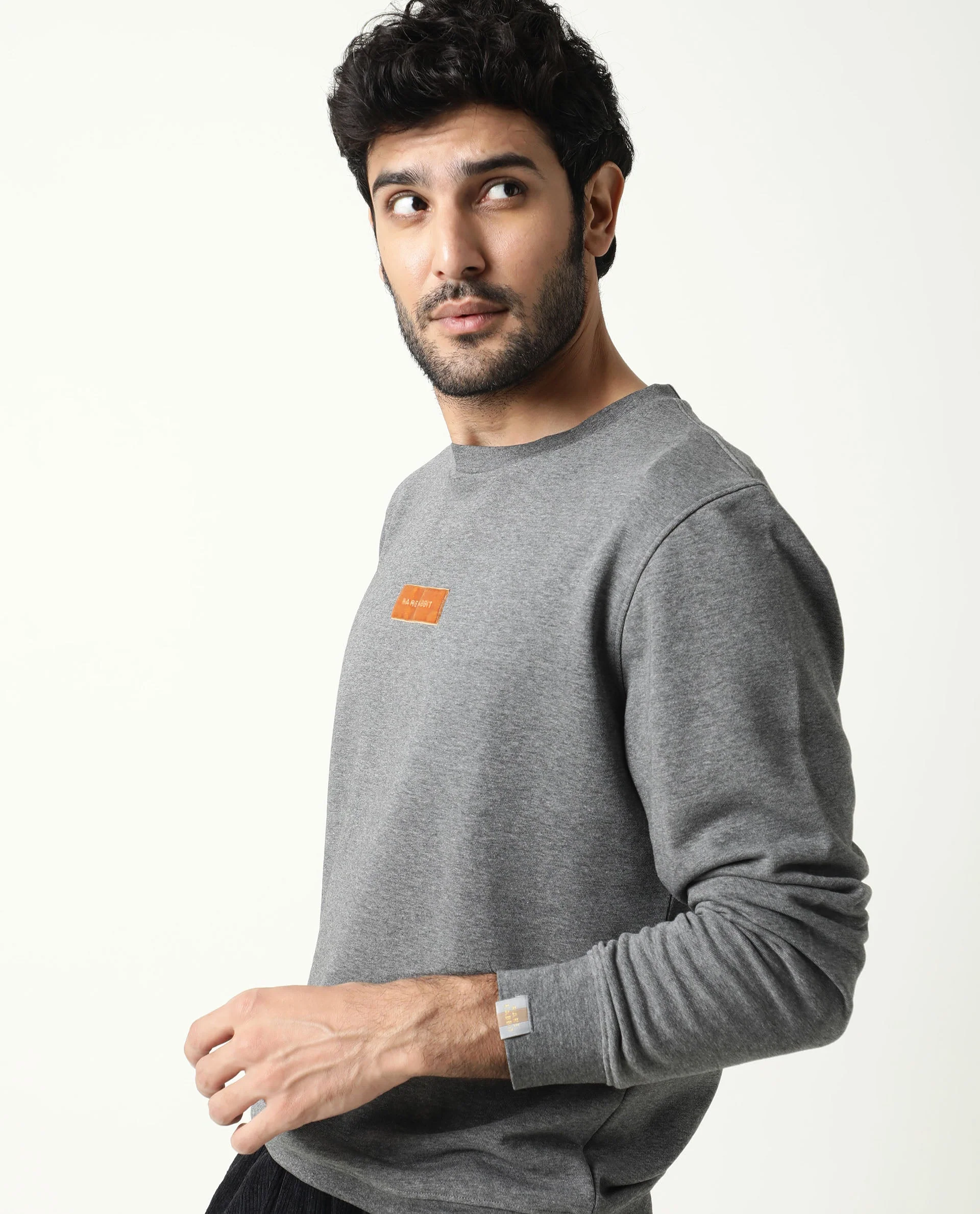 Rare Rabbit Men's Velveto Grey Cotton Plain Regular Fit Full Sleeve Crew Neck Sweatshirt - Image 4