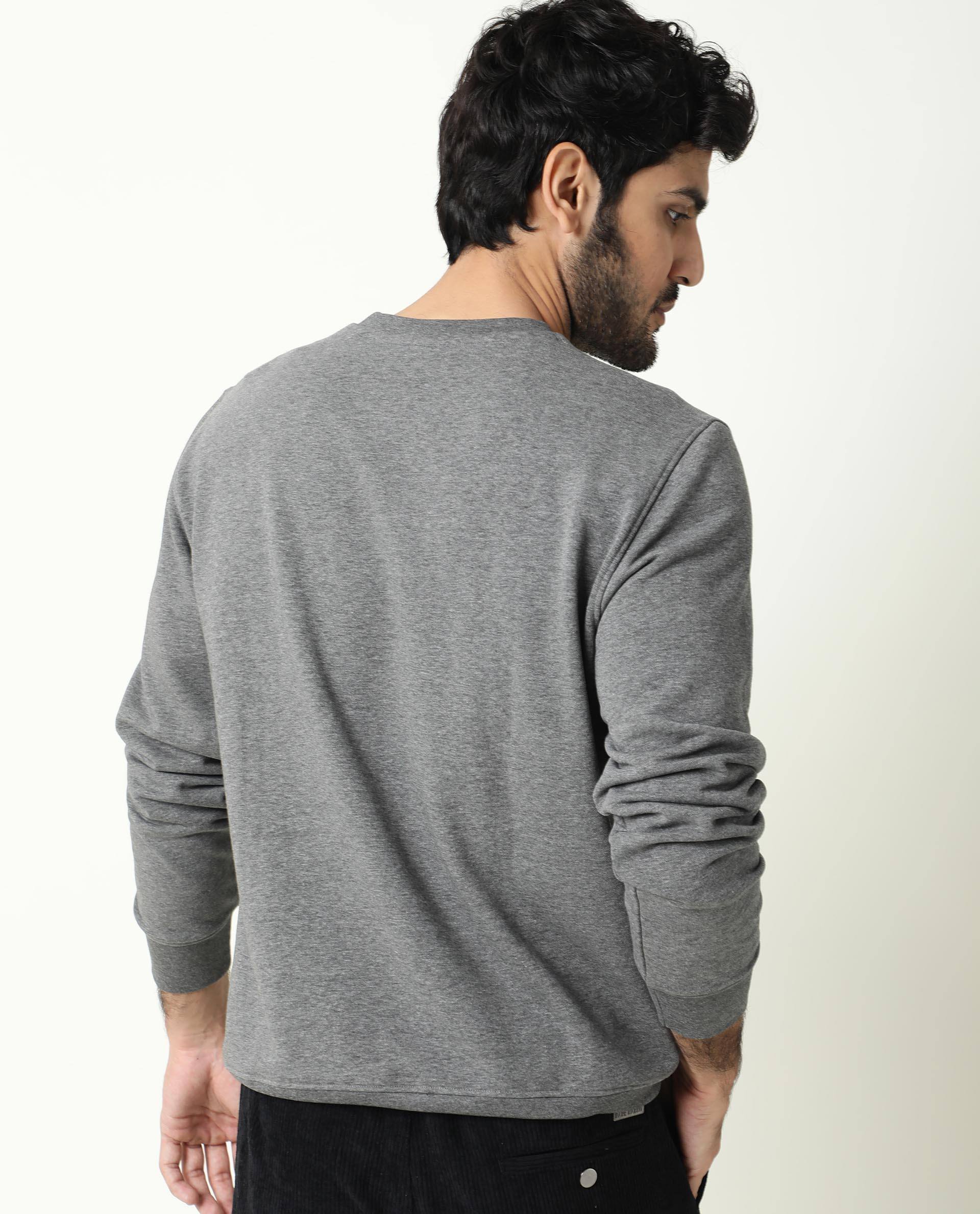 Rare Rabbit Men's Velveto Grey Cotton Plain Regular Fit Full Sleeve Crew Neck Sweatshirt - Image 6