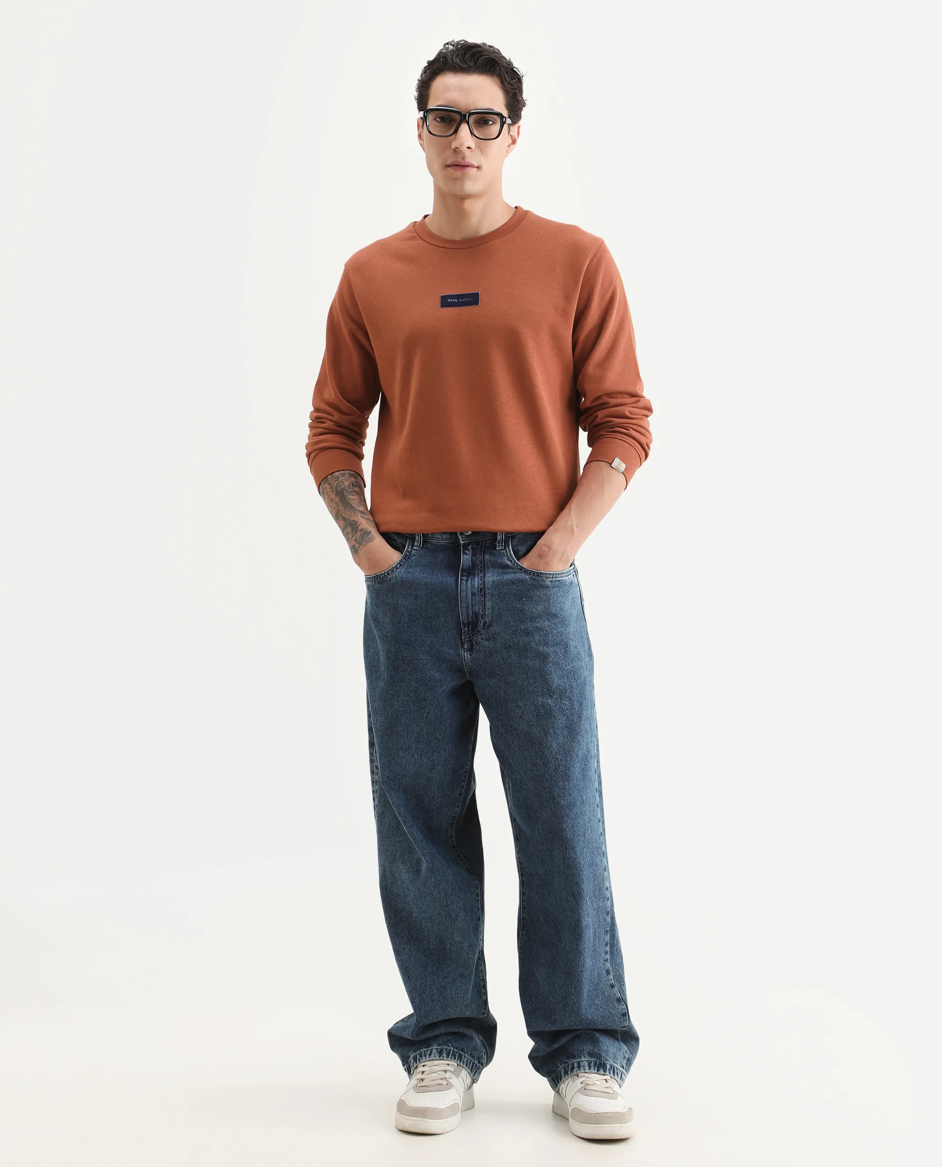 Rare Rabbit Men's Velveto Rust Cotton Plain Regular Fit Full Sleeve Crew Neck Sweatshirt - Image 2