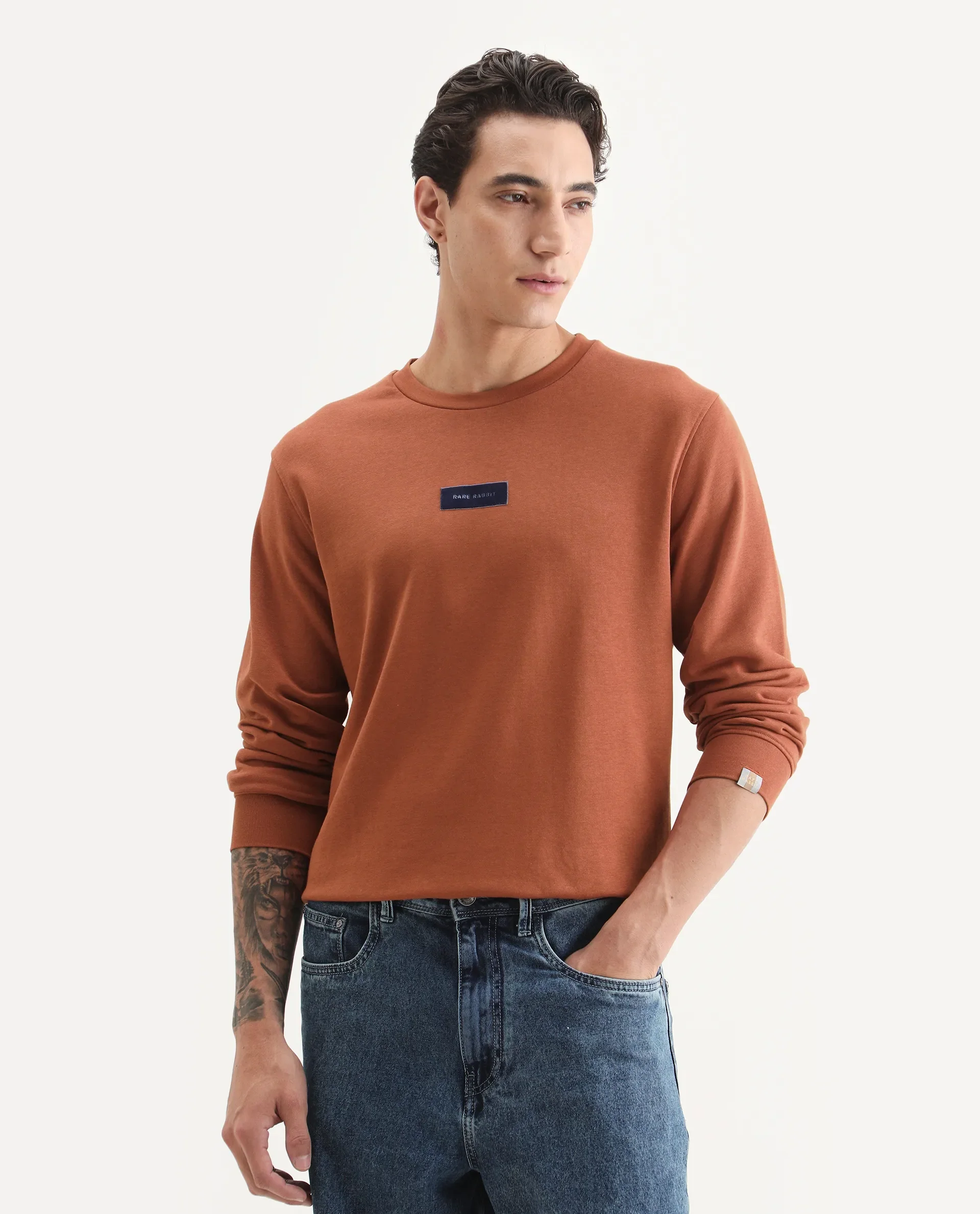 Rare Rabbit Men's Velveto Rust Cotton Plain Regular Fit Full Sleeve Crew Neck Sweatshirt - Image 3
