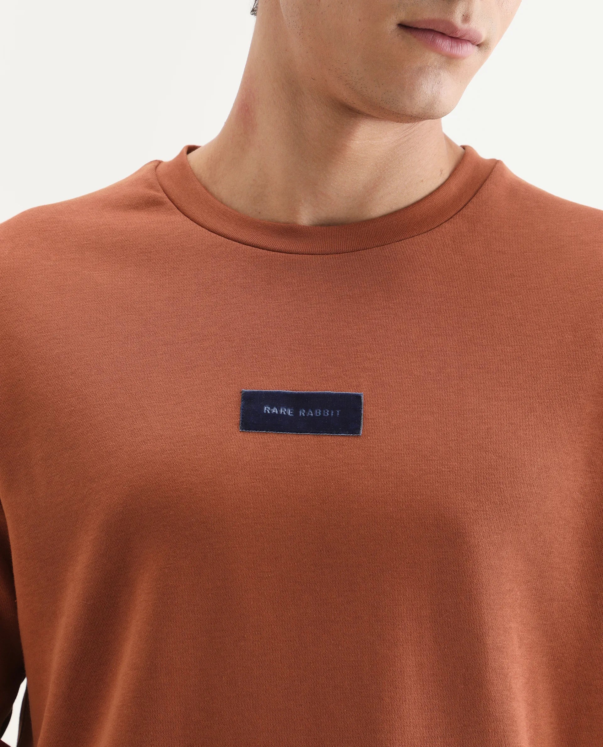 Rare Rabbit Men's Velveto Rust Cotton Plain Regular Fit Full Sleeve Crew Neck Sweatshirt - Image 4