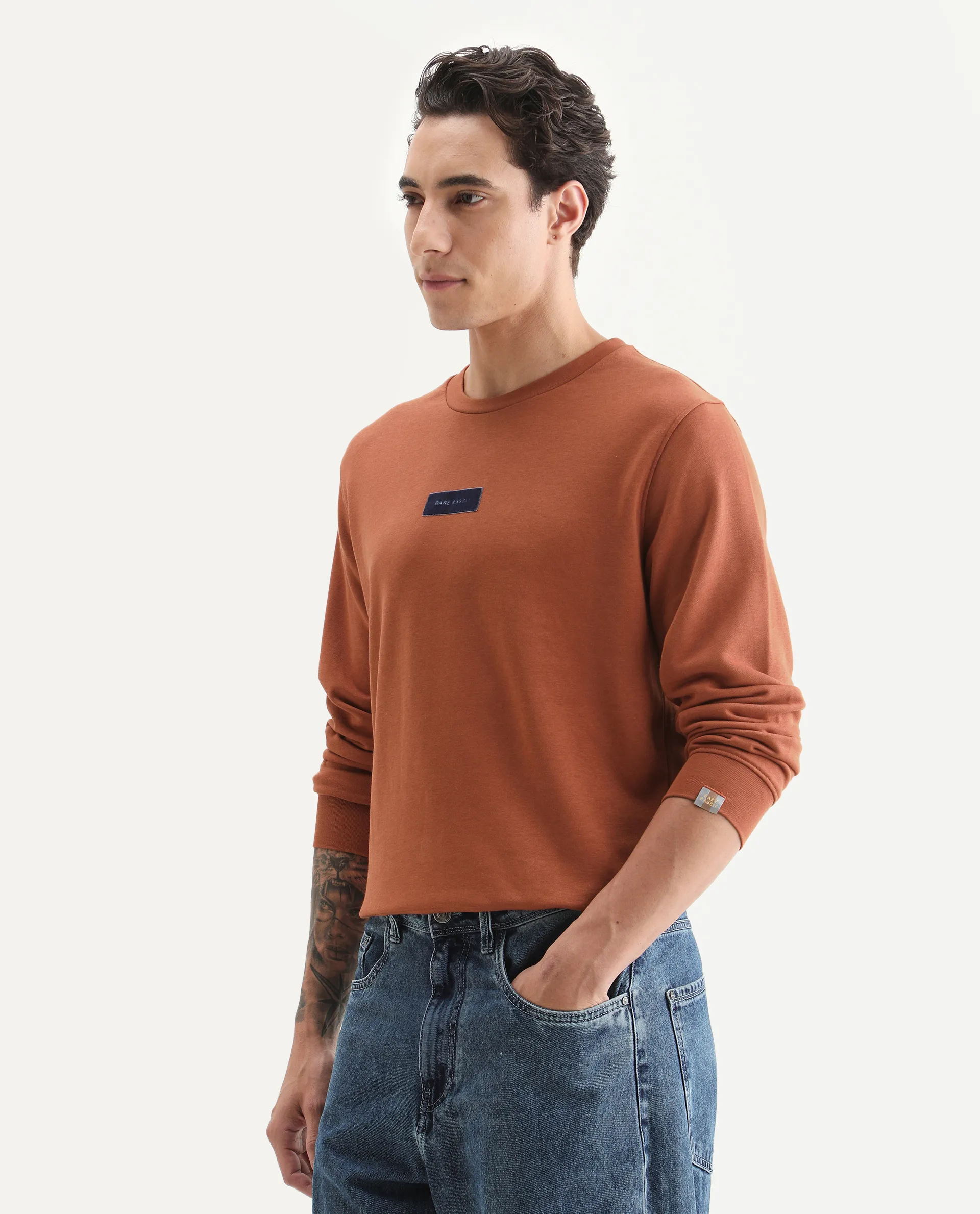Rare Rabbit Men's Velveto Rust Cotton Plain Regular Fit Full Sleeve Crew Neck Sweatshirt - Image 5
