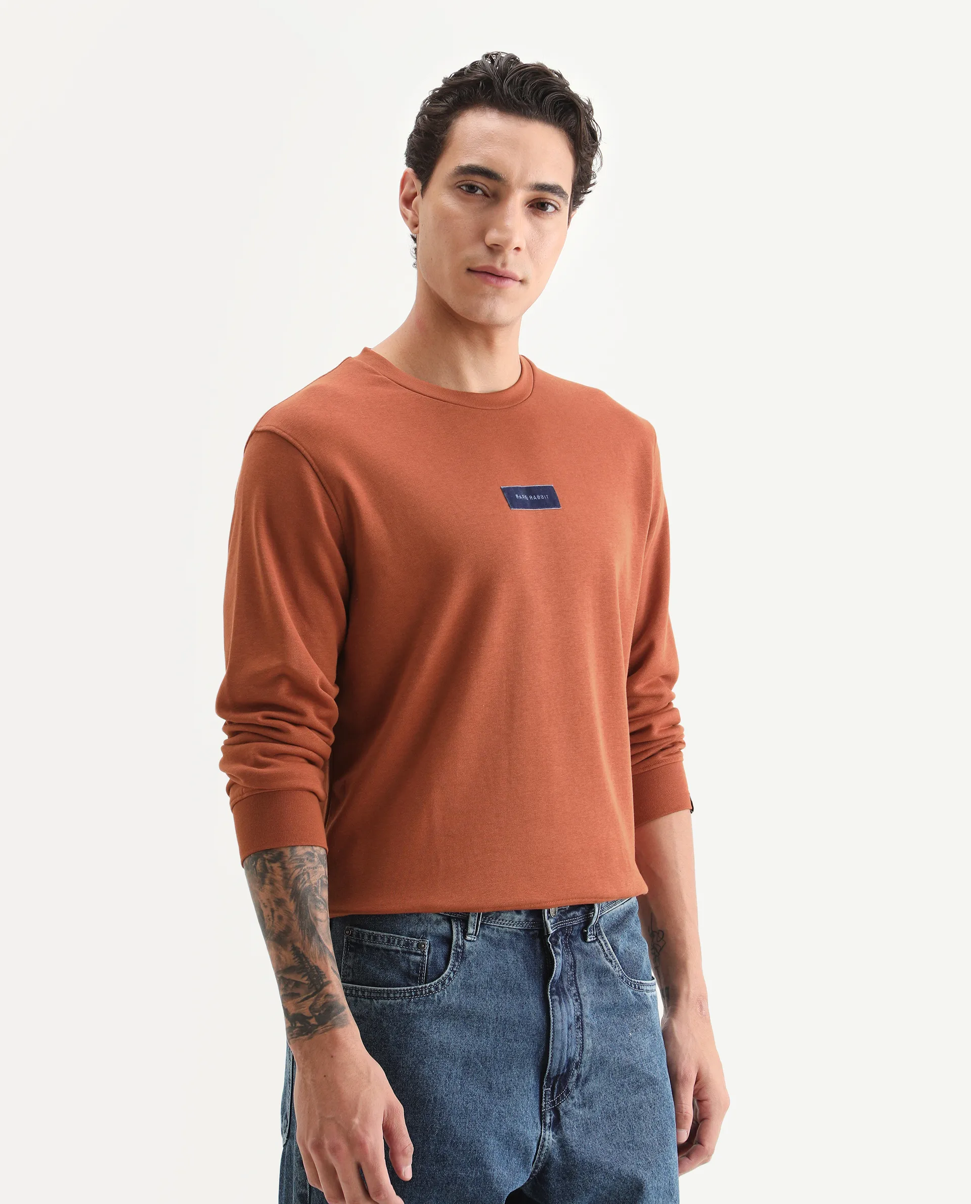 Rare Rabbit Men's Velveto Rust Cotton Plain Regular Fit Full Sleeve Crew Neck Sweatshirt - Image 6