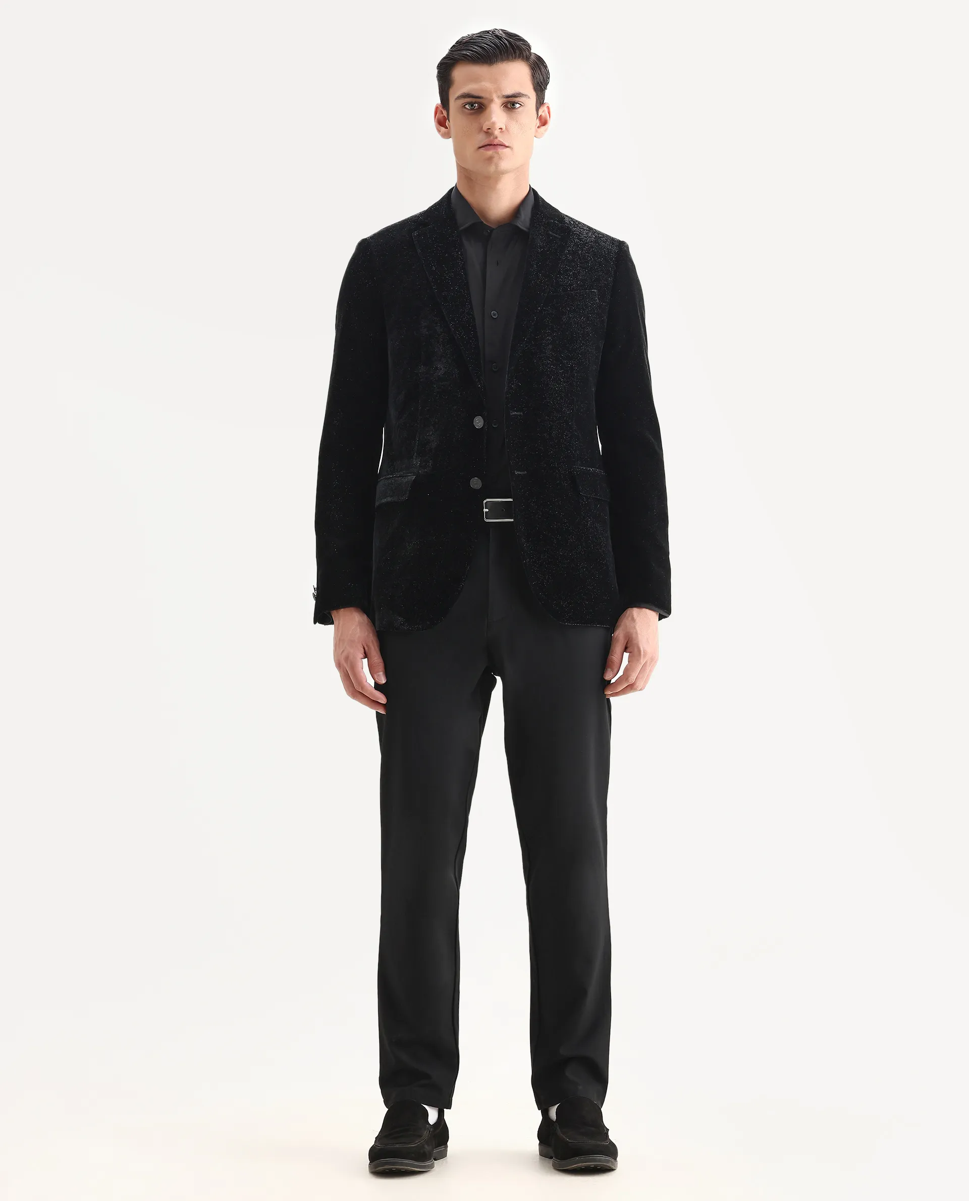 Rare Rabbit Men's Velvi Black Polyester Fabric Full Sleeve Lapel Neck Plain Blazer - Image 2