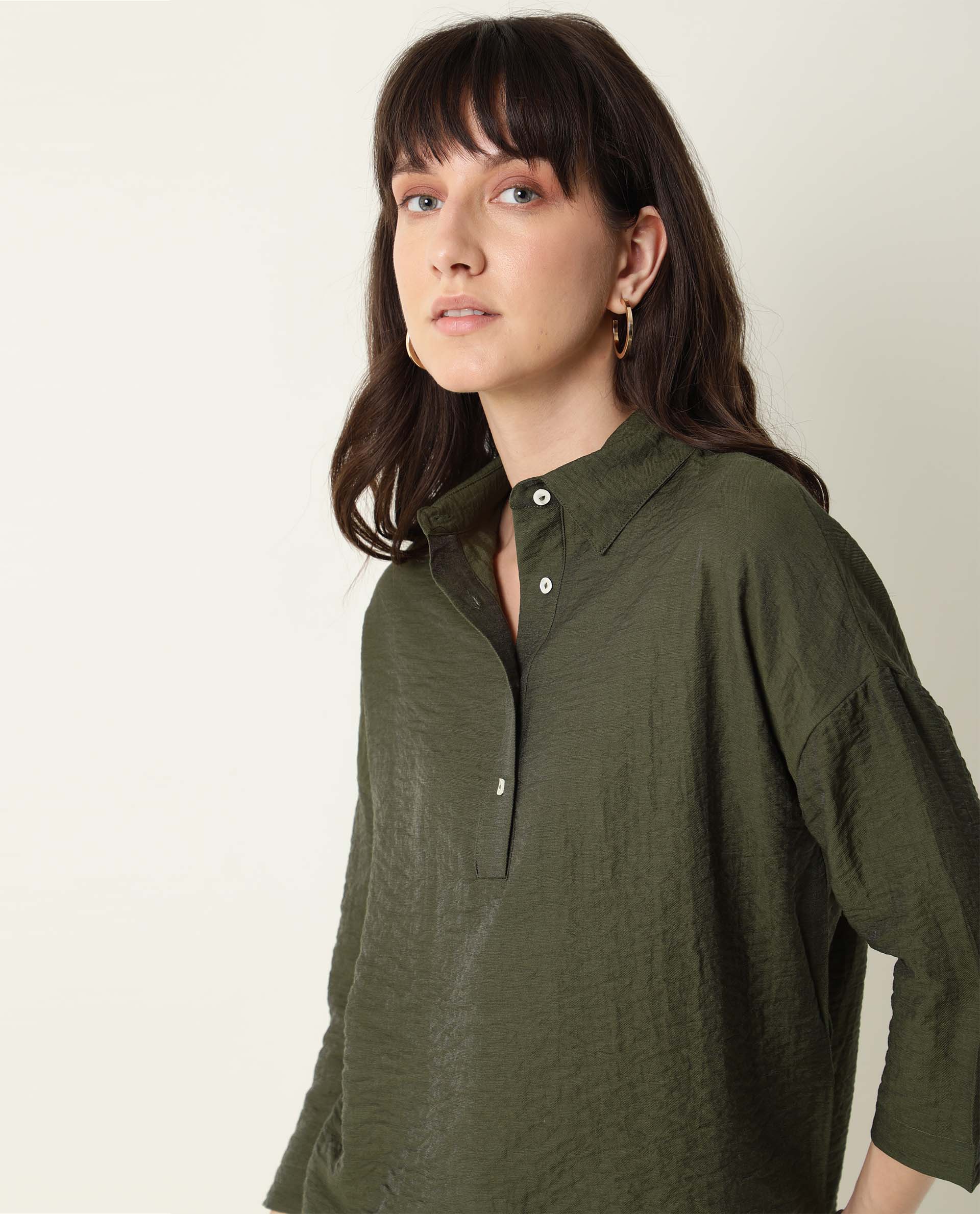 Rareism Women's Velyn Dark Green Polyester Spread Collar Textured Cuffed Sleeve Relaxed Fit Top - Image 3