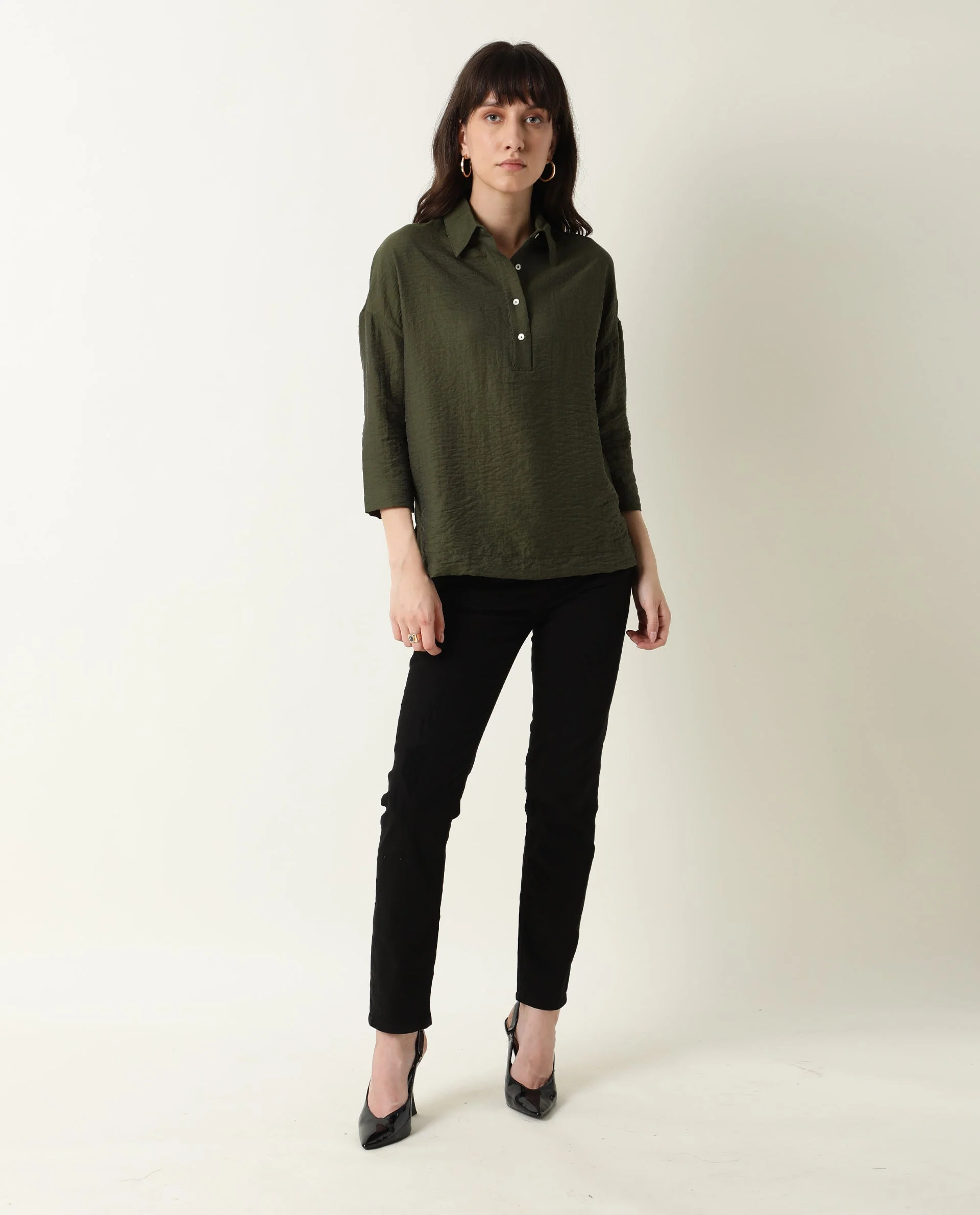 Rareism Women's Velyn Dark Green Polyester Spread Collar Textured Cuffed Sleeve Relaxed Fit Top - Image 4