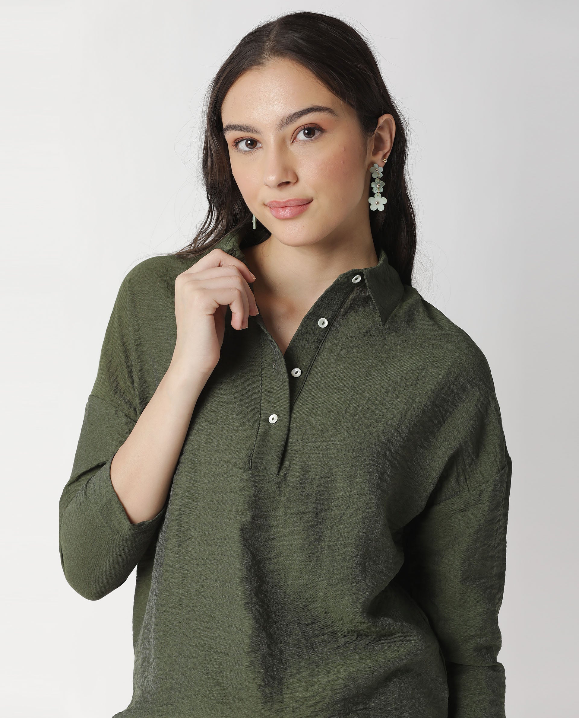 Rareism Women's Velyn Dark Green Polyester Spread Collar Textured Cuffed Sleeve Relaxed Fit Top - Image 5