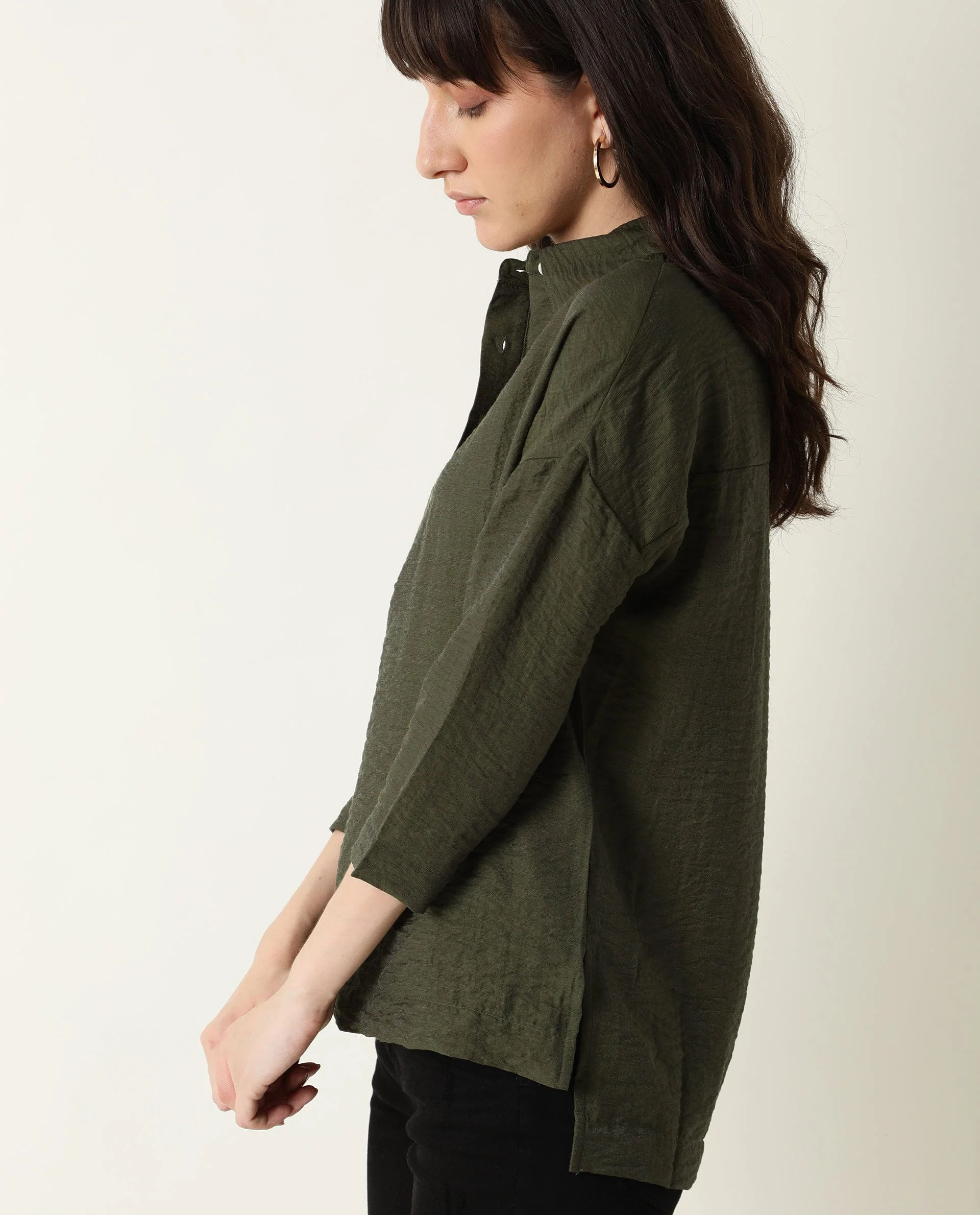 Rareism Women's Velyn Dark Green Polyester Spread Collar Textured Cuffed Sleeve Relaxed Fit Top - Image 6