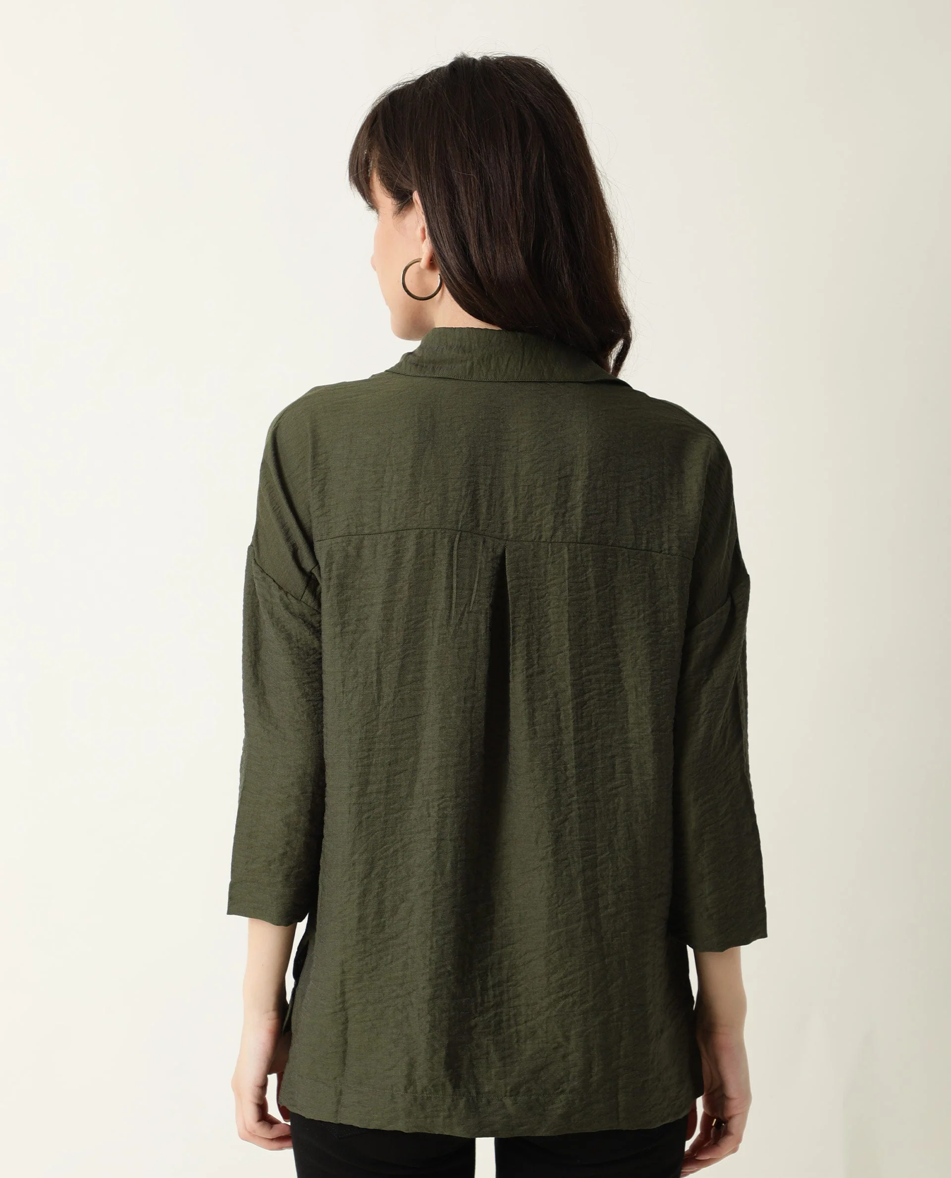 Rareism Women's Velyn Dark Green Polyester Spread Collar Textured Cuffed Sleeve Relaxed Fit Top - Image 7