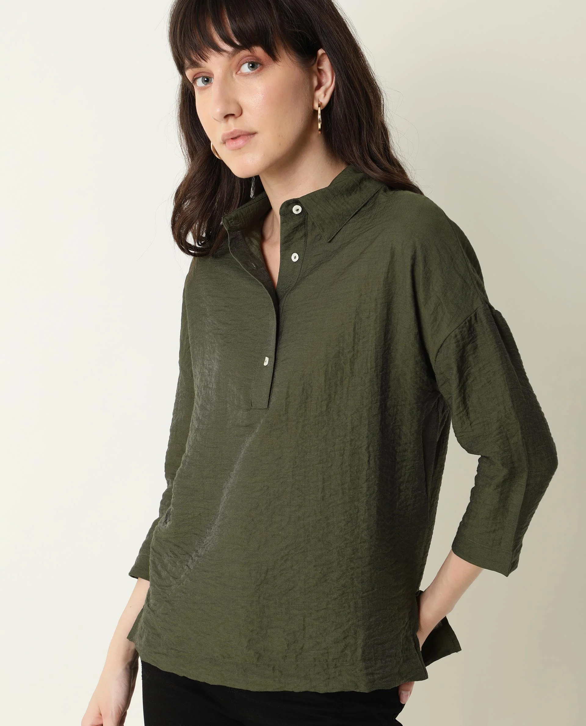Rareism Women's Velyn Dark Green Polyester Spread Collar Textured Cuffed Sleeve Relaxed Fit Top - Image 8