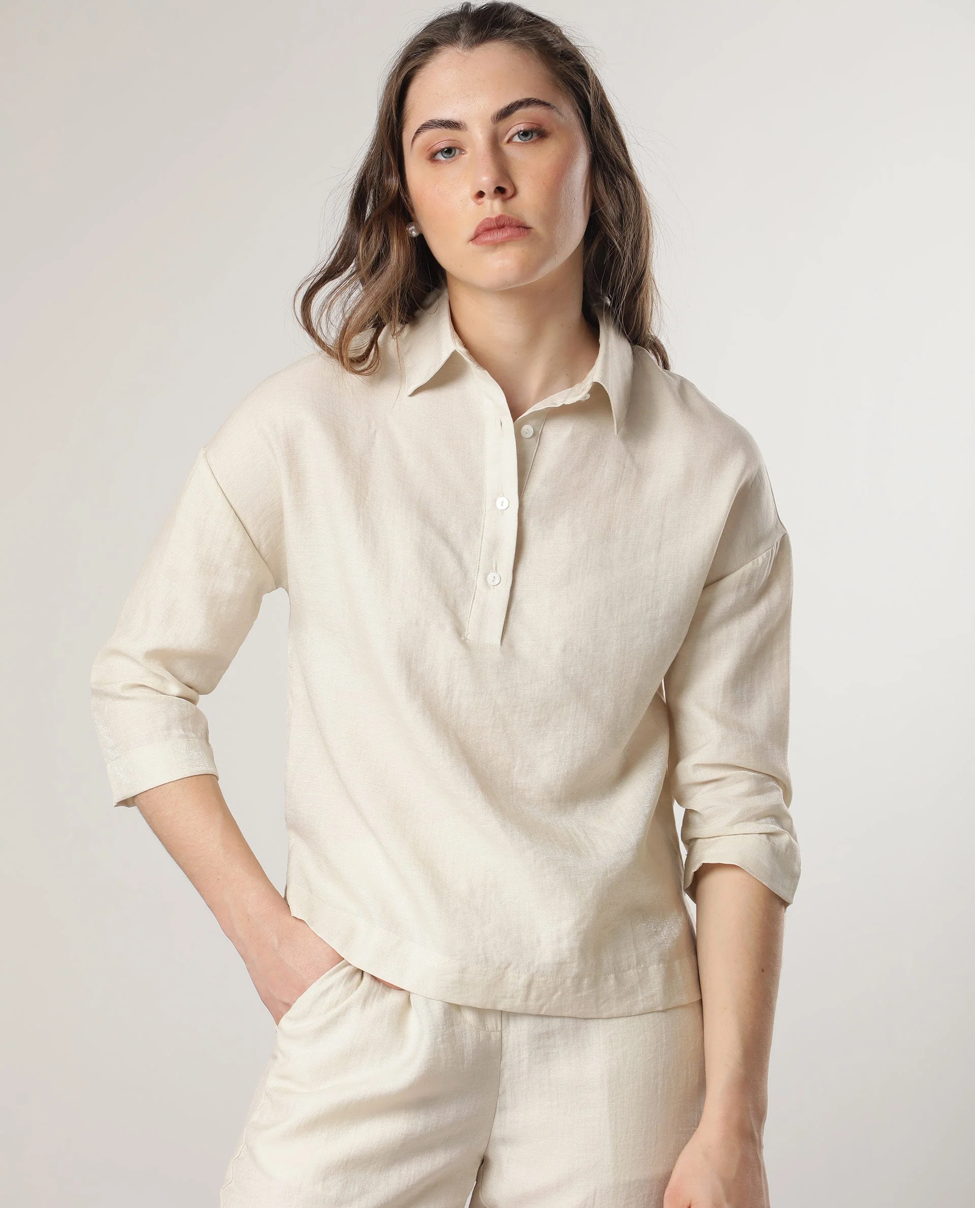 Rareism Women's Velynn Beige Polyester Spread Collar Plain Regular Fit Top