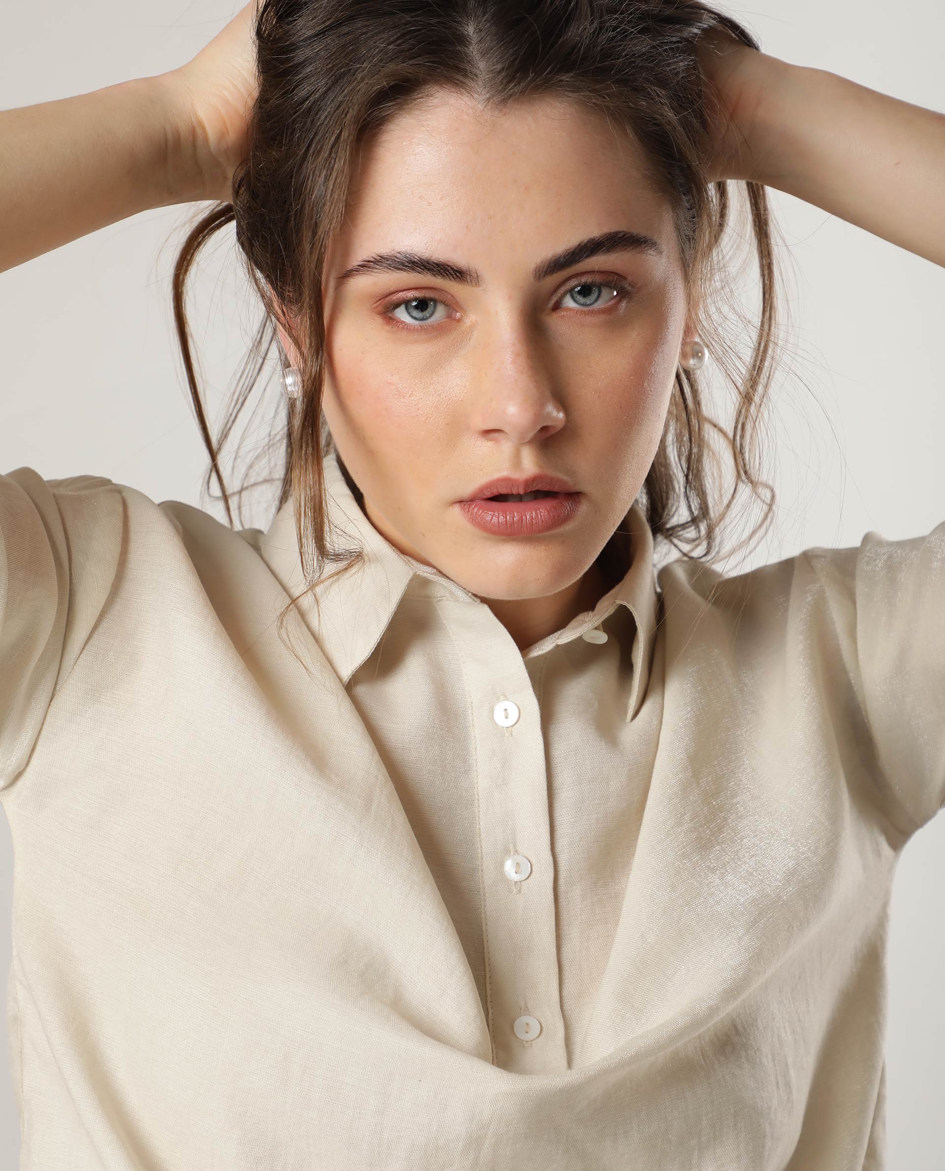 Rareism Women's Velynn Beige Polyester Spread Collar Plain Regular Fit Top - Image 5