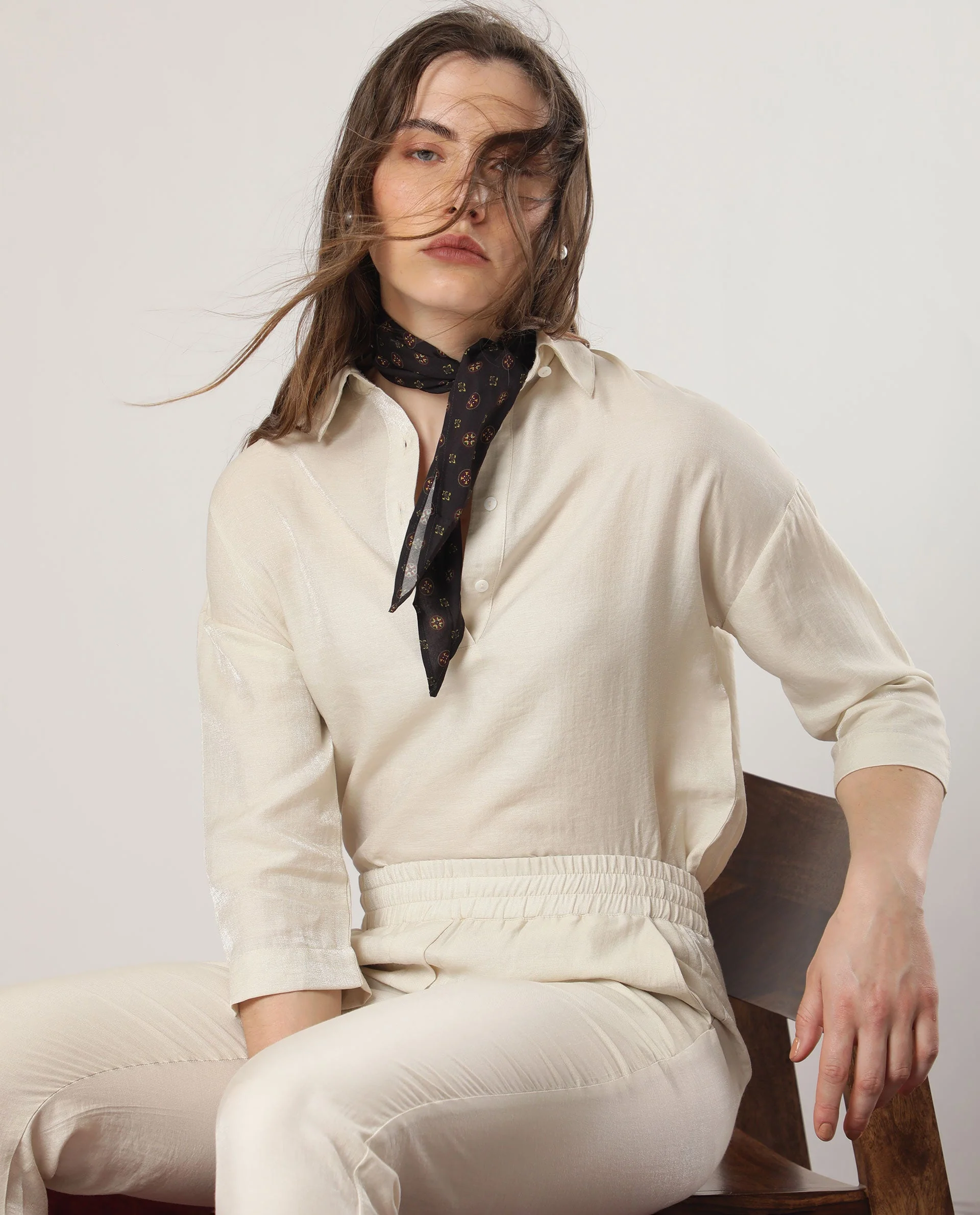 Rareism Women's Velynn Beige Polyester Spread Collar Plain Regular Fit Top - Image 7