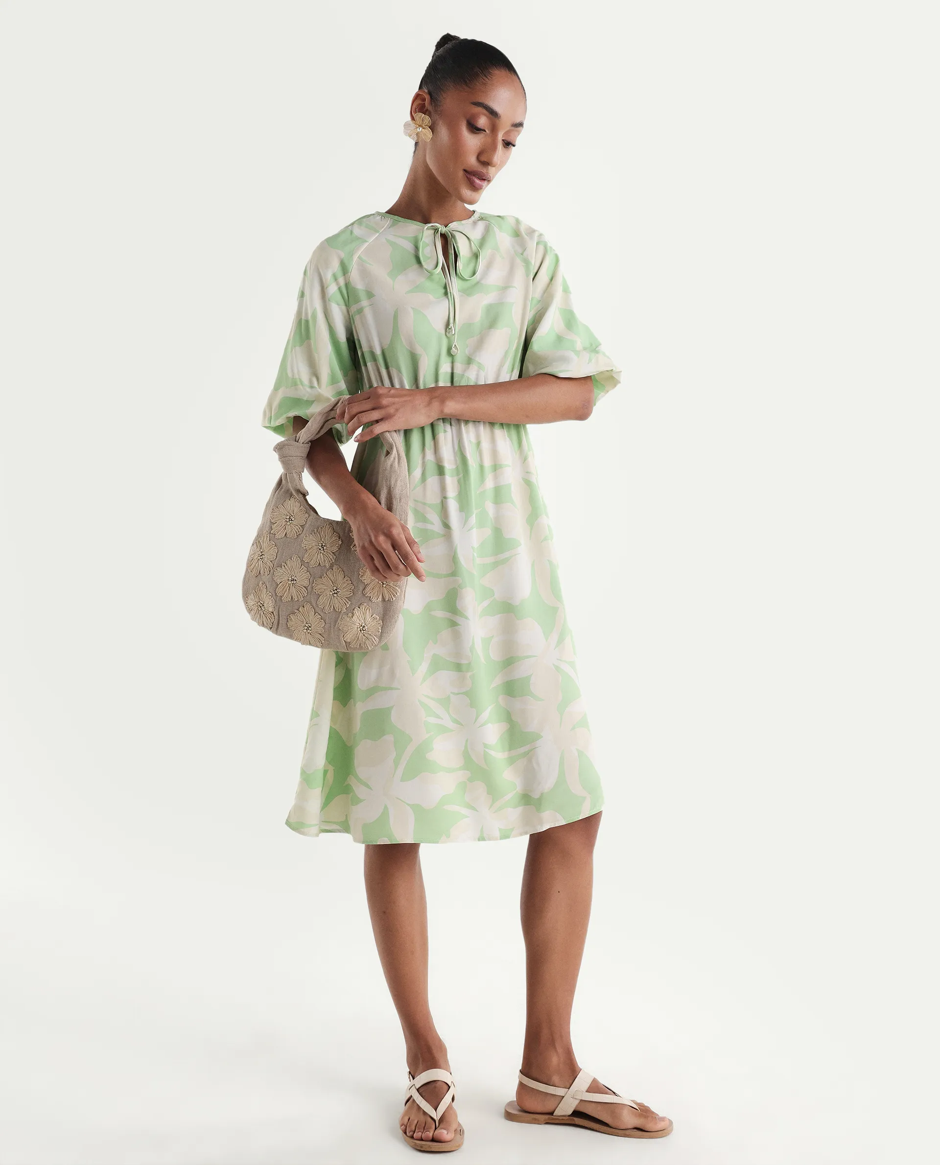 Rareism Women's Vemox Light Green Viscose Half Sleeve Tie-Up Neck Fit And Flare Abstract Print Dress - Image 2