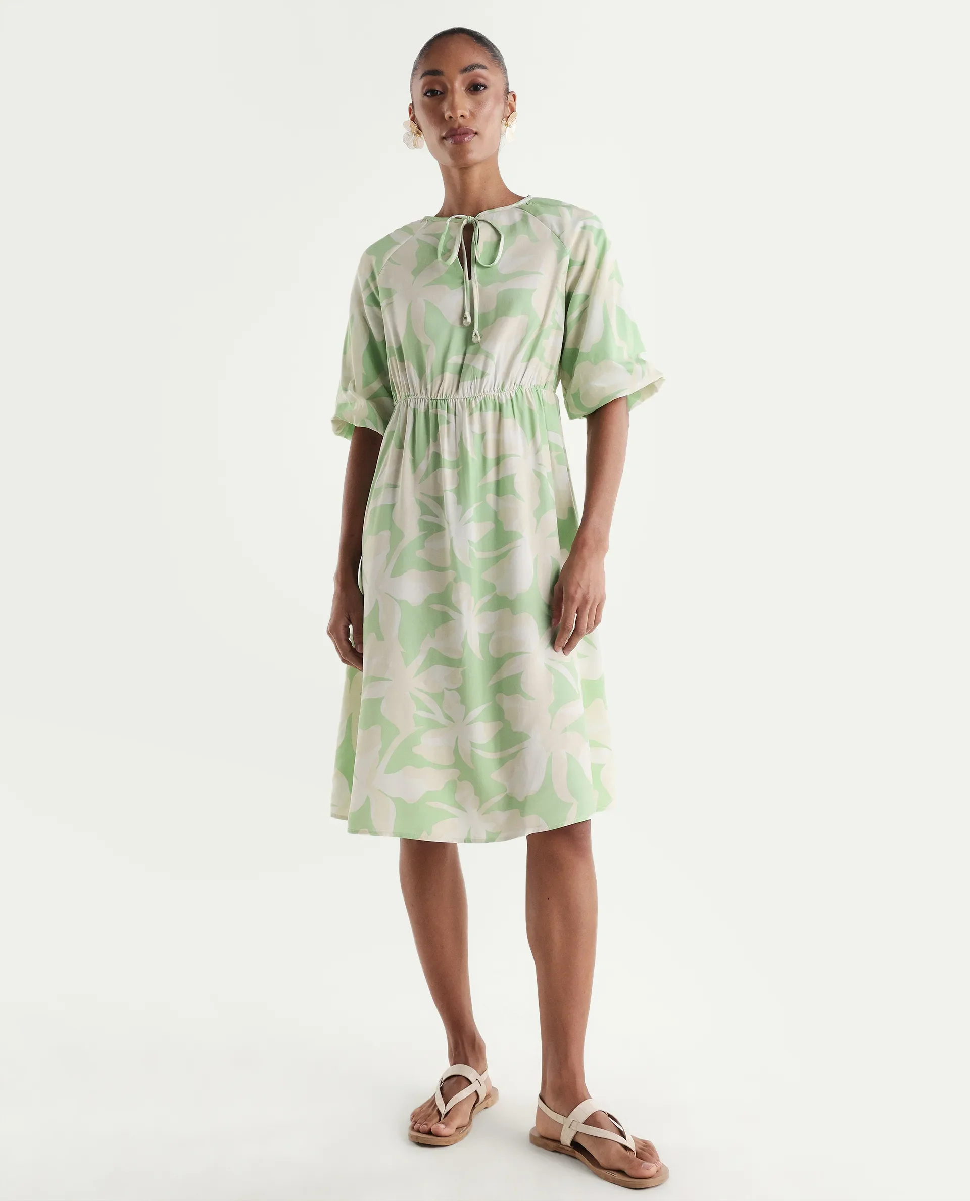 Rareism Women's Vemox Light Green Viscose Half Sleeve Tie-Up Neck Fit And Flare Abstract Print Dress - Image 4