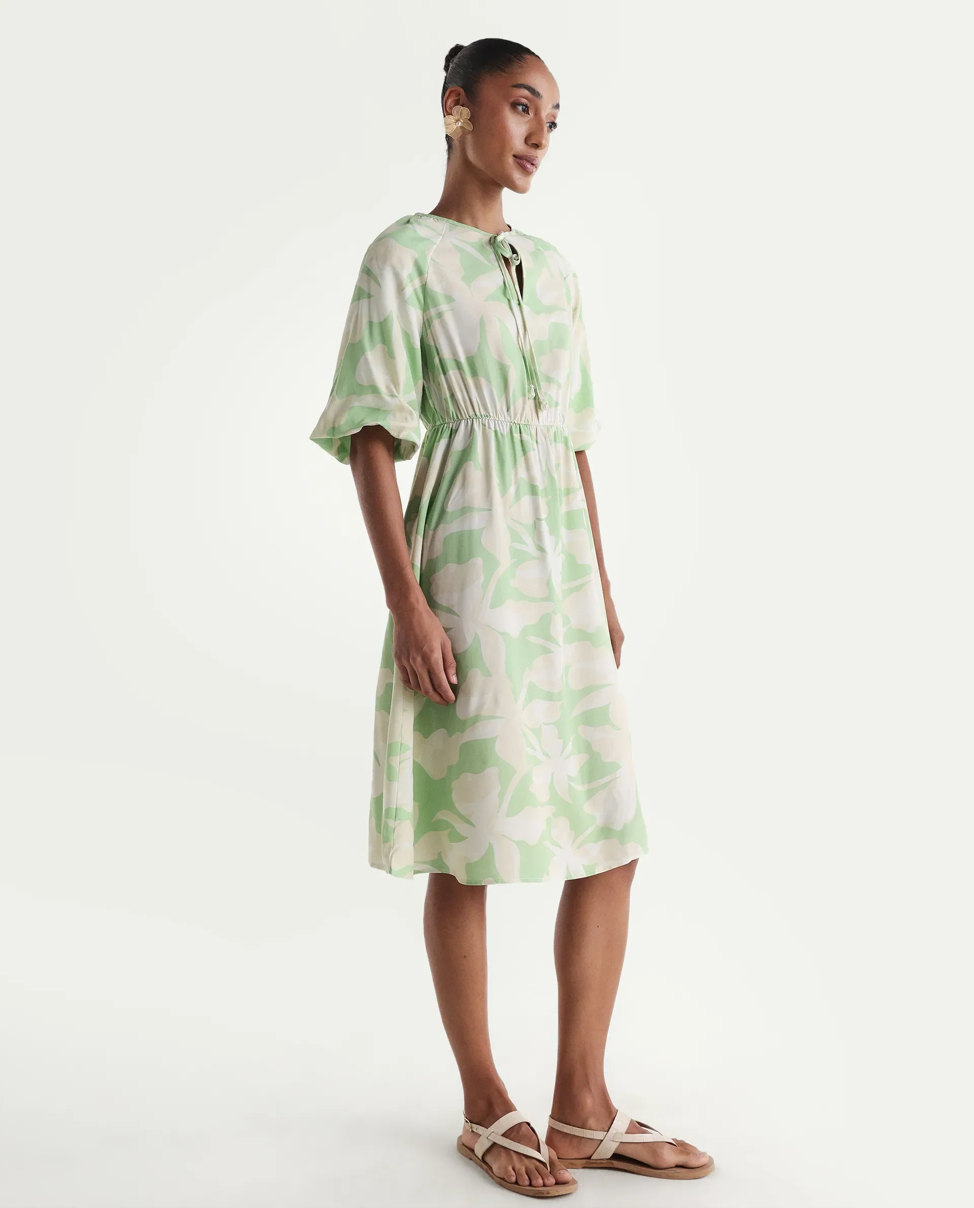 Rareism Women's Vemox Light Green Viscose Half Sleeve Tie-Up Neck Fit And Flare Abstract Print Dress - Image 5