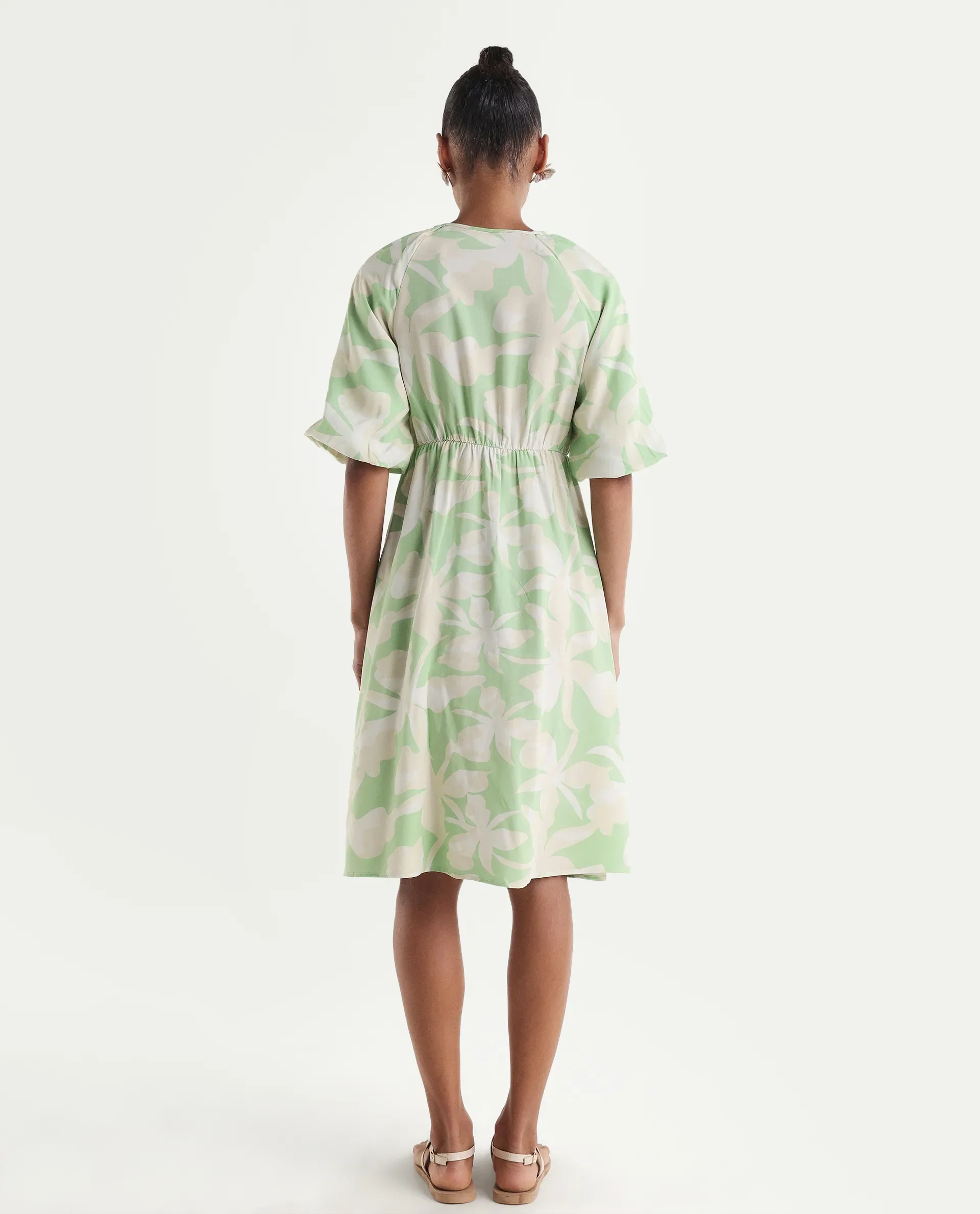 Rareism Women's Vemox Light Green Viscose Half Sleeve Tie-Up Neck Fit And Flare Abstract Print Dress - Image 6