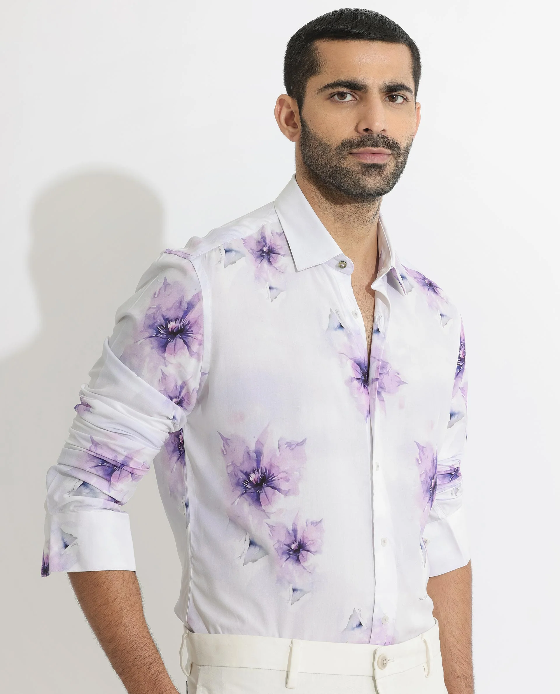 Rare Rabbit Men's Vendar White Viscose Floral Print Regular Fit Full Sleeve Collared Shirt - Image 3