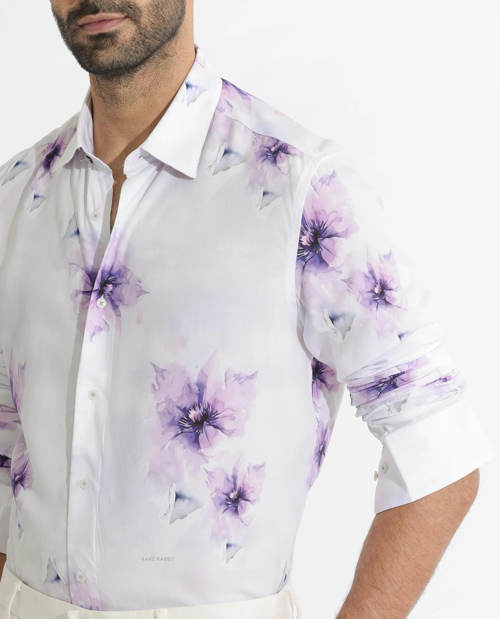 Rare Rabbit Men's Vendar White Viscose Floral Print Regular Fit Full Sleeve Collared Shirt - Image 4