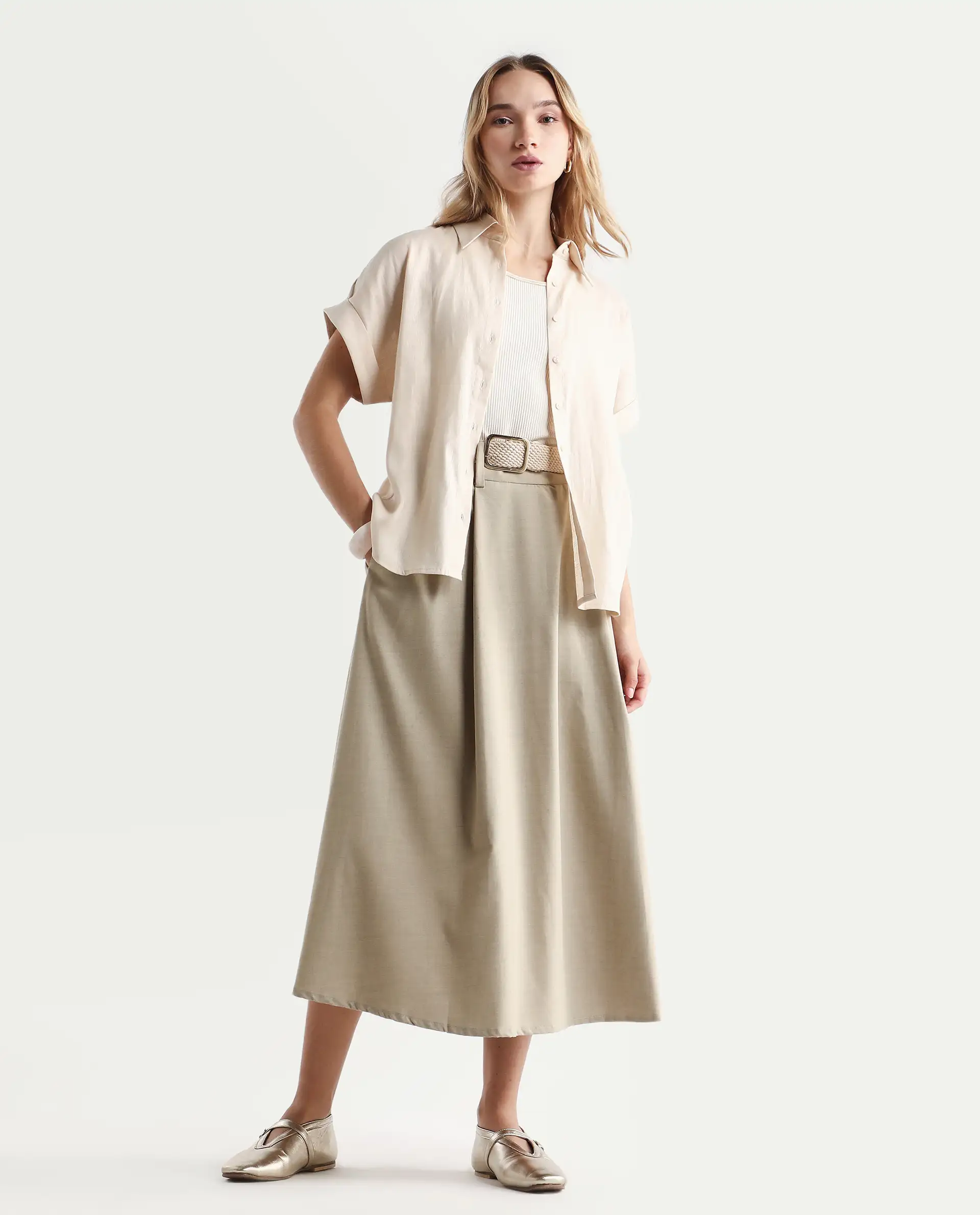 Rareism Women's Venezuela Beige Cotton Linen Drop Collar Plain Extended Sleeves Relaxed Fit Shirt - Image 2