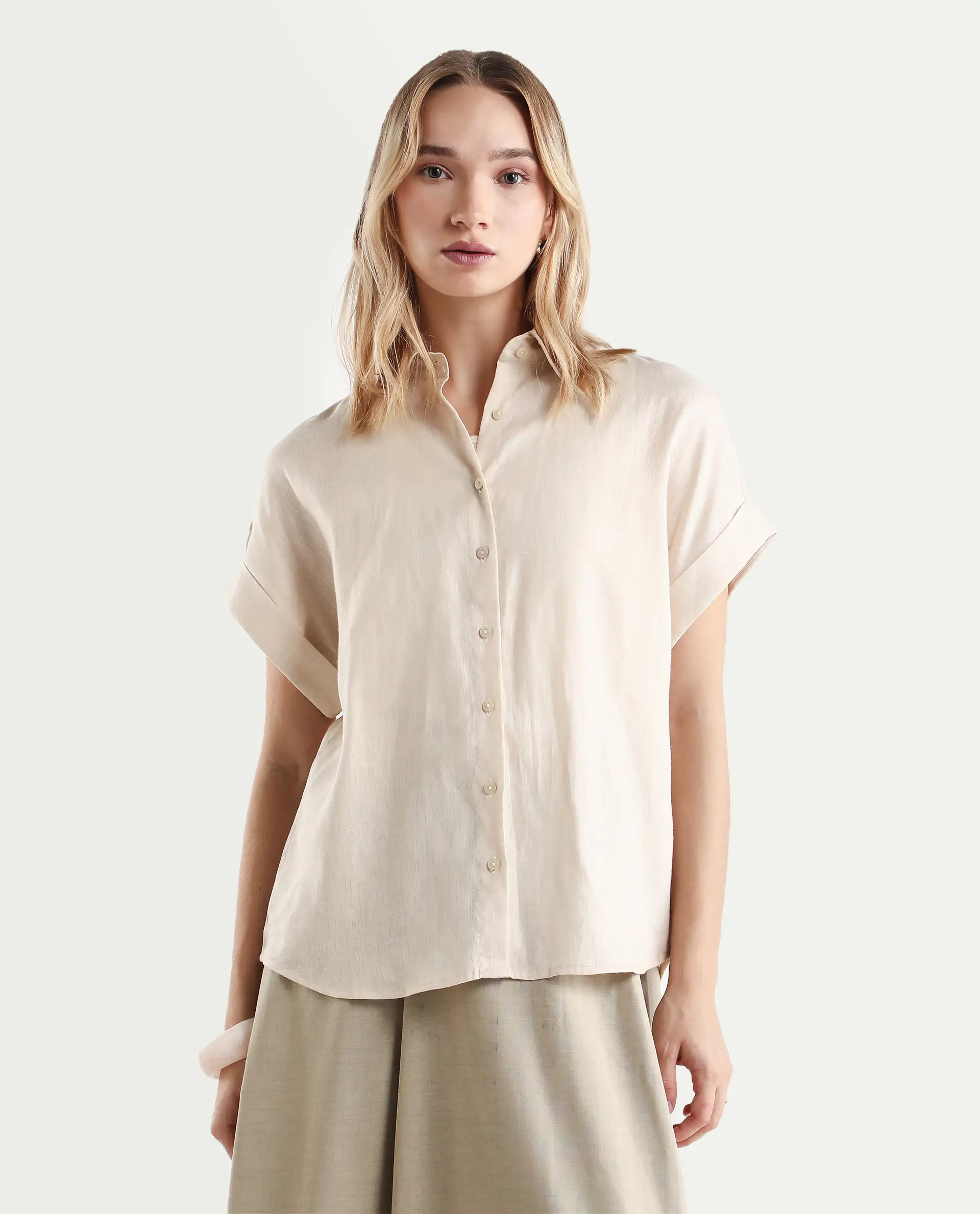Rareism Women's Venezuela Beige Cotton Linen Drop Collar Plain Extended Sleeves Relaxed Fit Shirt - Image 3