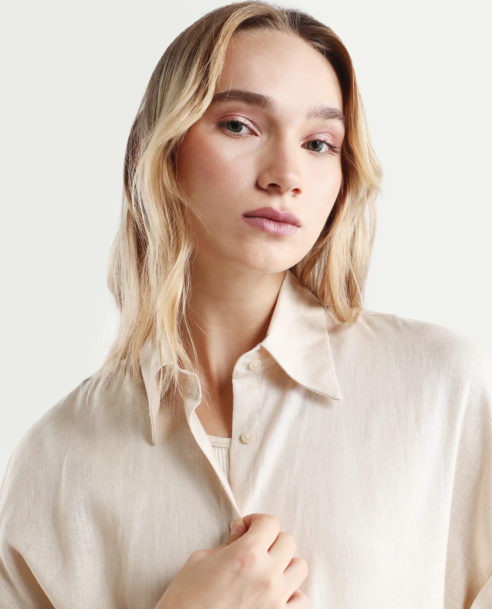 Rareism Women's Venezuela Beige Cotton Linen Drop Collar Plain Extended Sleeves Relaxed Fit Shirt - Image 4