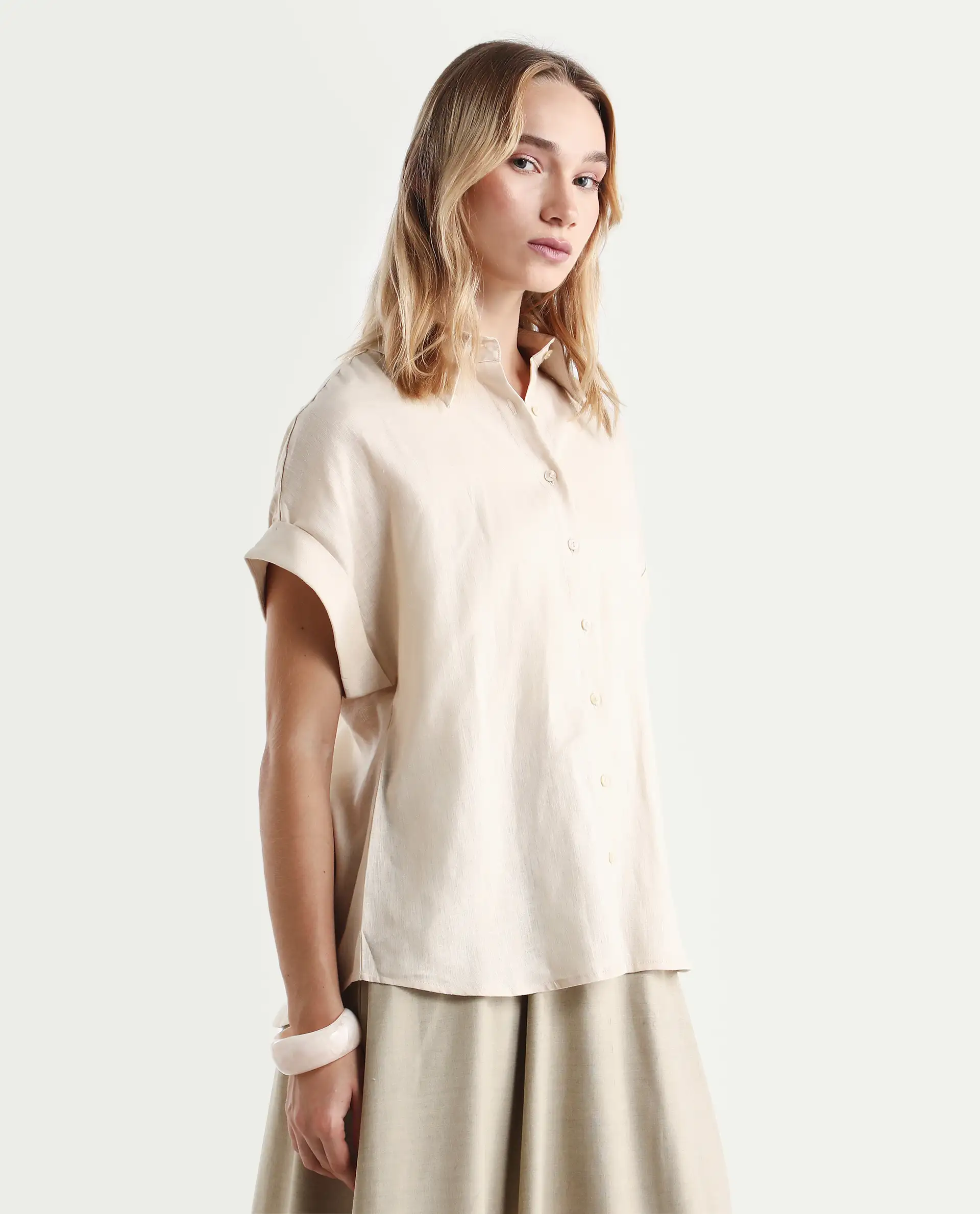 Rareism Women's Venezuela Beige Cotton Linen Drop Collar Plain Extended Sleeves Relaxed Fit Shirt - Image 5