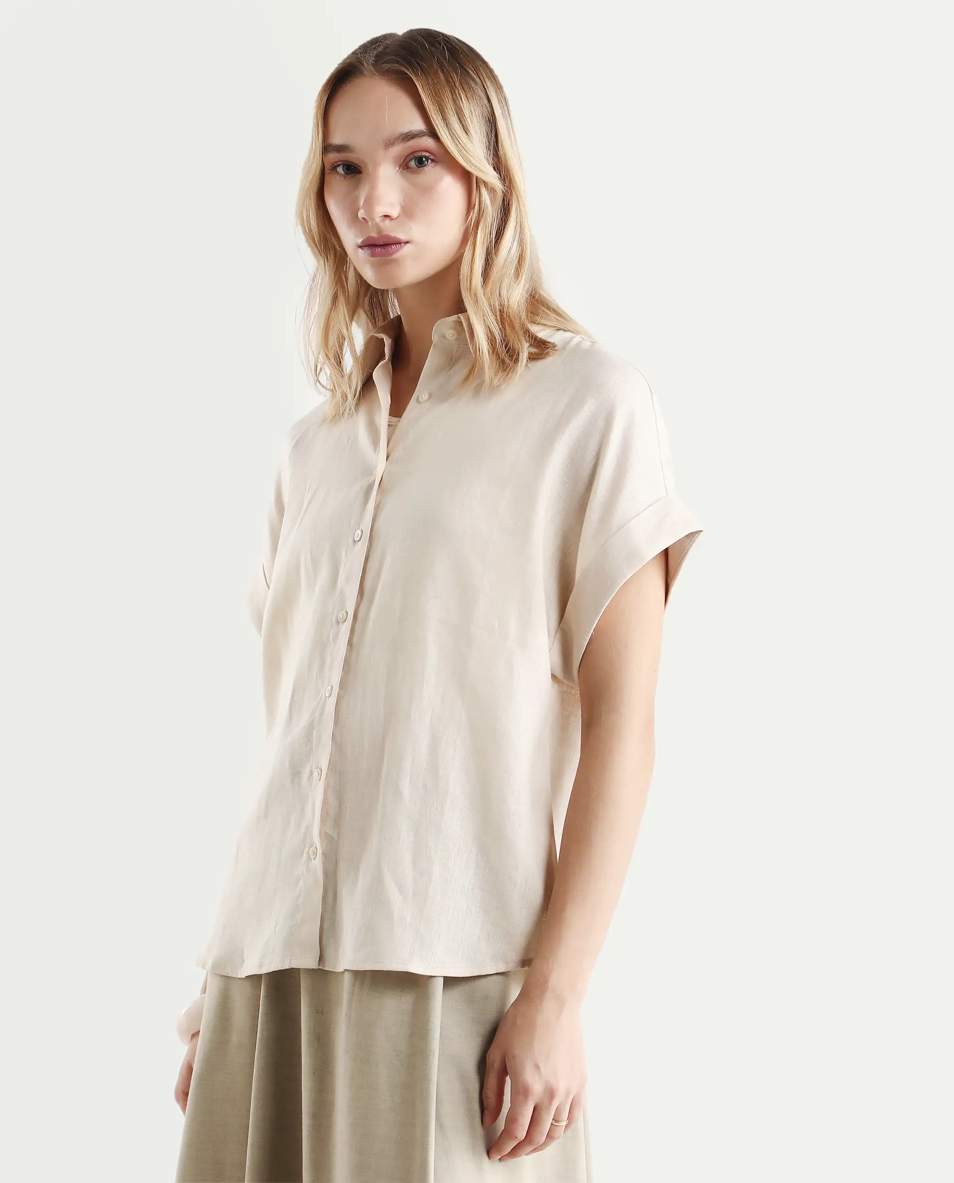 Rareism Women's Venezuela Beige Cotton Linen Drop Collar Plain Extended Sleeves Relaxed Fit Shirt - Image 6