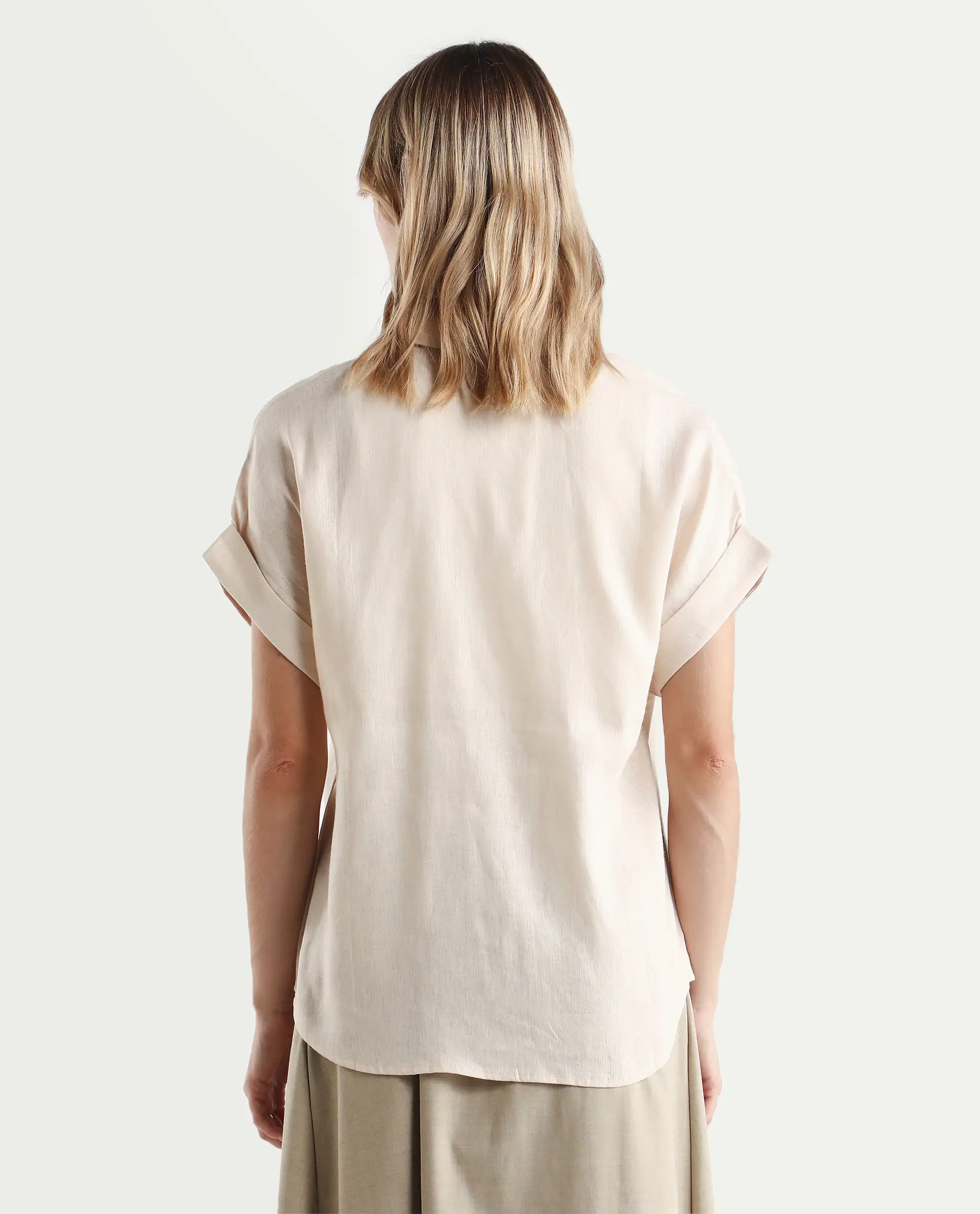 Rareism Women's Venezuela Beige Cotton Linen Drop Collar Plain Extended Sleeves Relaxed Fit Shirt - Image 7