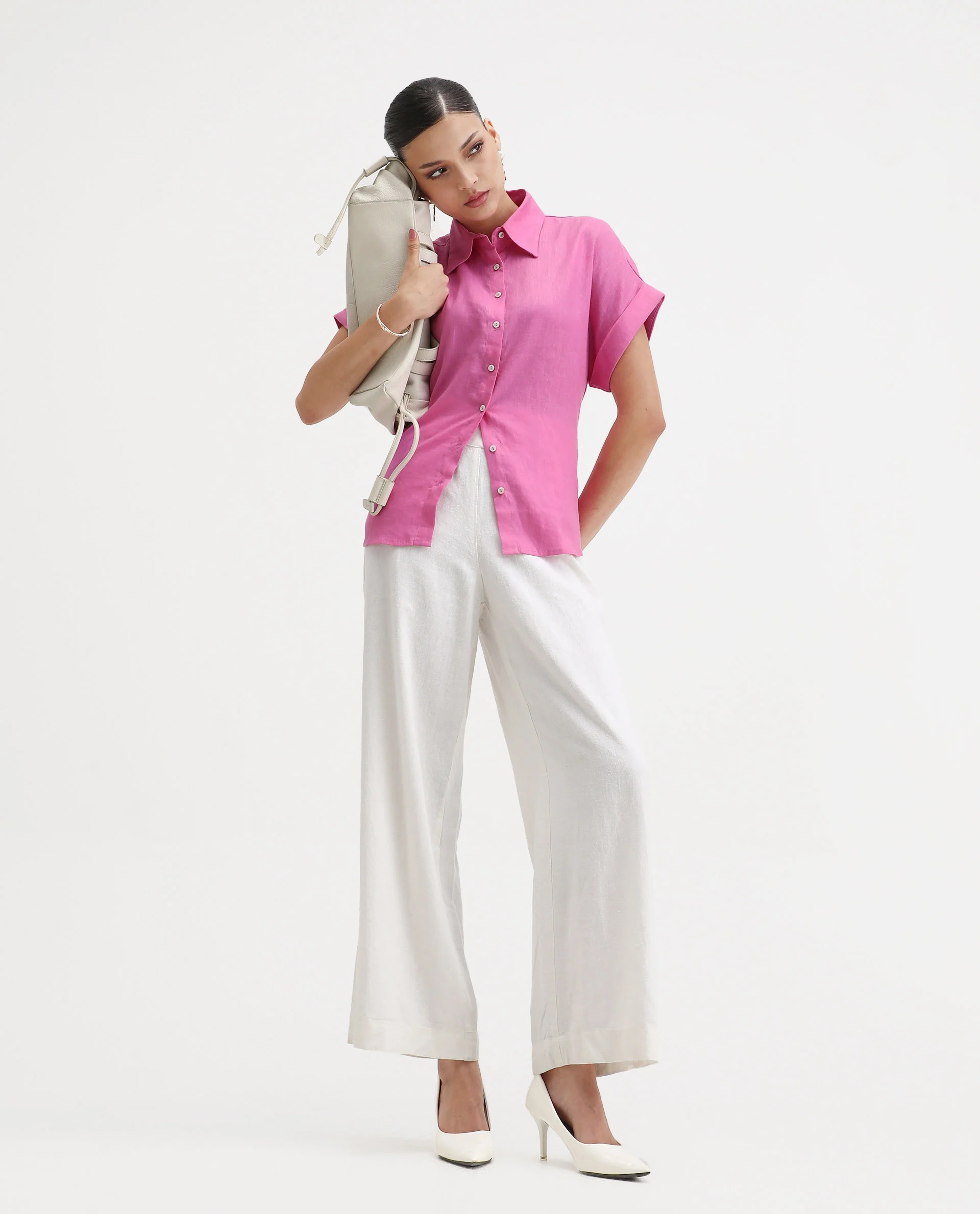 Rareism Women's Venezuela Light Pink Cotton Blend Drop Collar Plain Extended Sleeves Relaxed Fit Shirt - Image 2