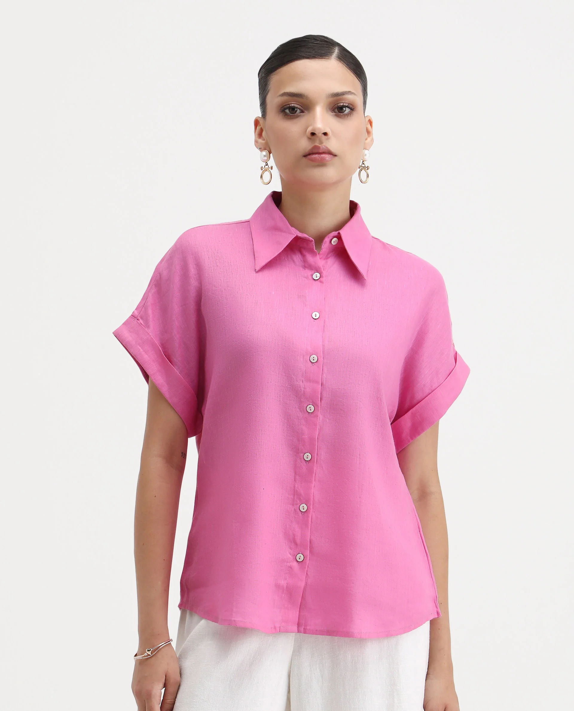 Rareism Women's Venezuela Light Pink Cotton Blend Drop Collar Plain Extended Sleeves Relaxed Fit Shirt - Image 3