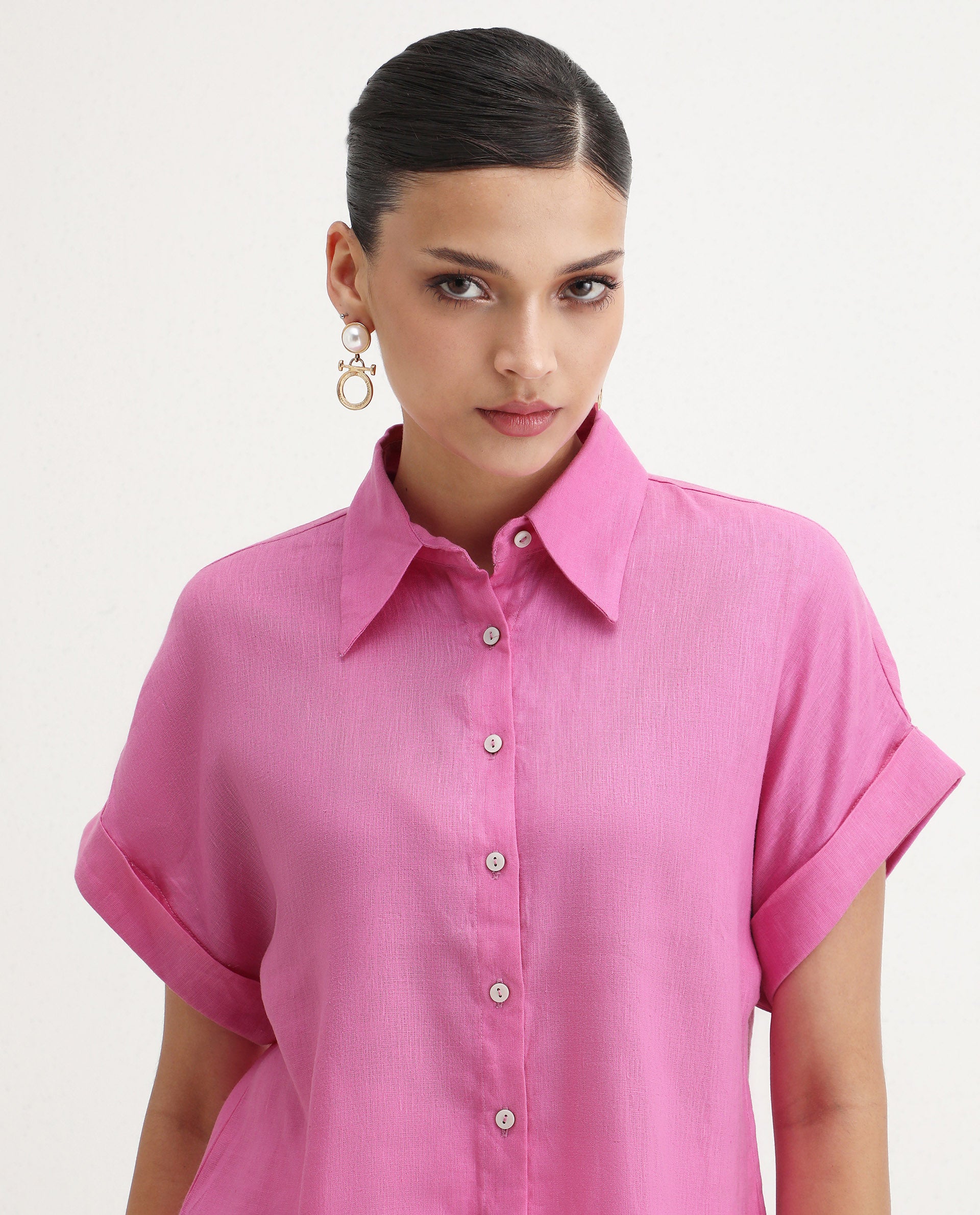 Rareism Women's Venezuela Light Pink Cotton Blend Drop Collar Plain Extended Sleeves Relaxed Fit Shirt - Image 4