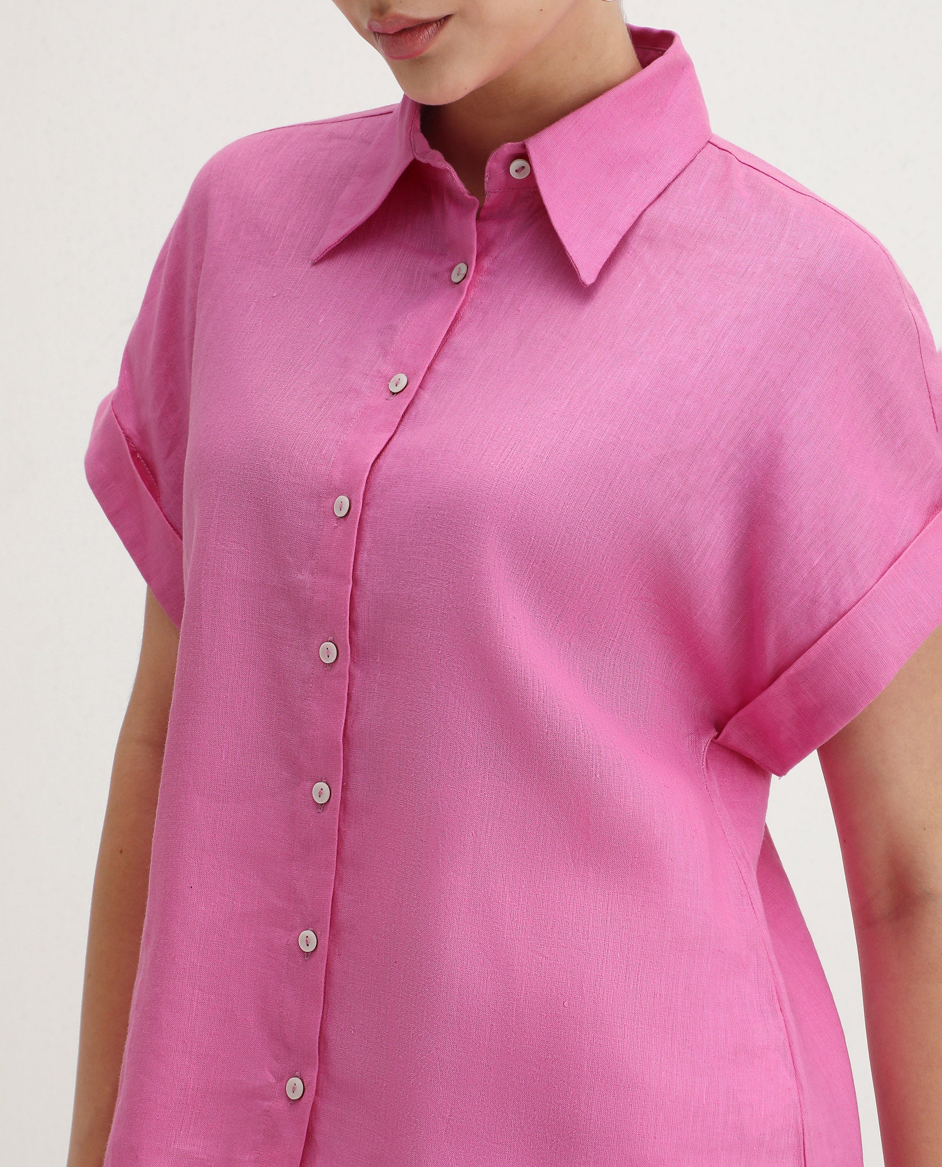 Rareism Women's Venezuela Light Pink Cotton Blend Drop Collar Plain Extended Sleeves Relaxed Fit Shirt - Image 5