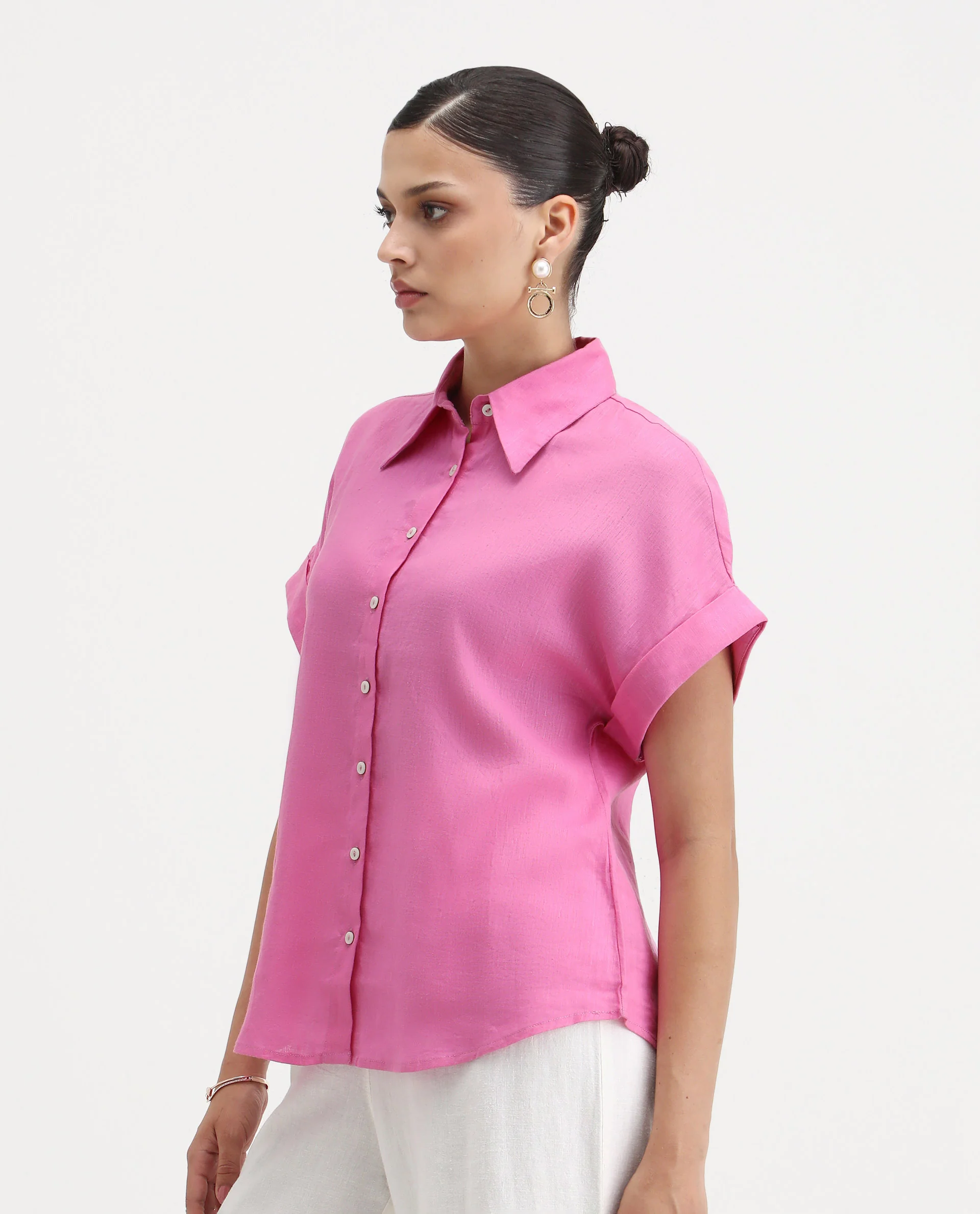 Rareism Women's Venezuela Light Pink Cotton Blend Drop Collar Plain Extended Sleeves Relaxed Fit Shirt - Image 6