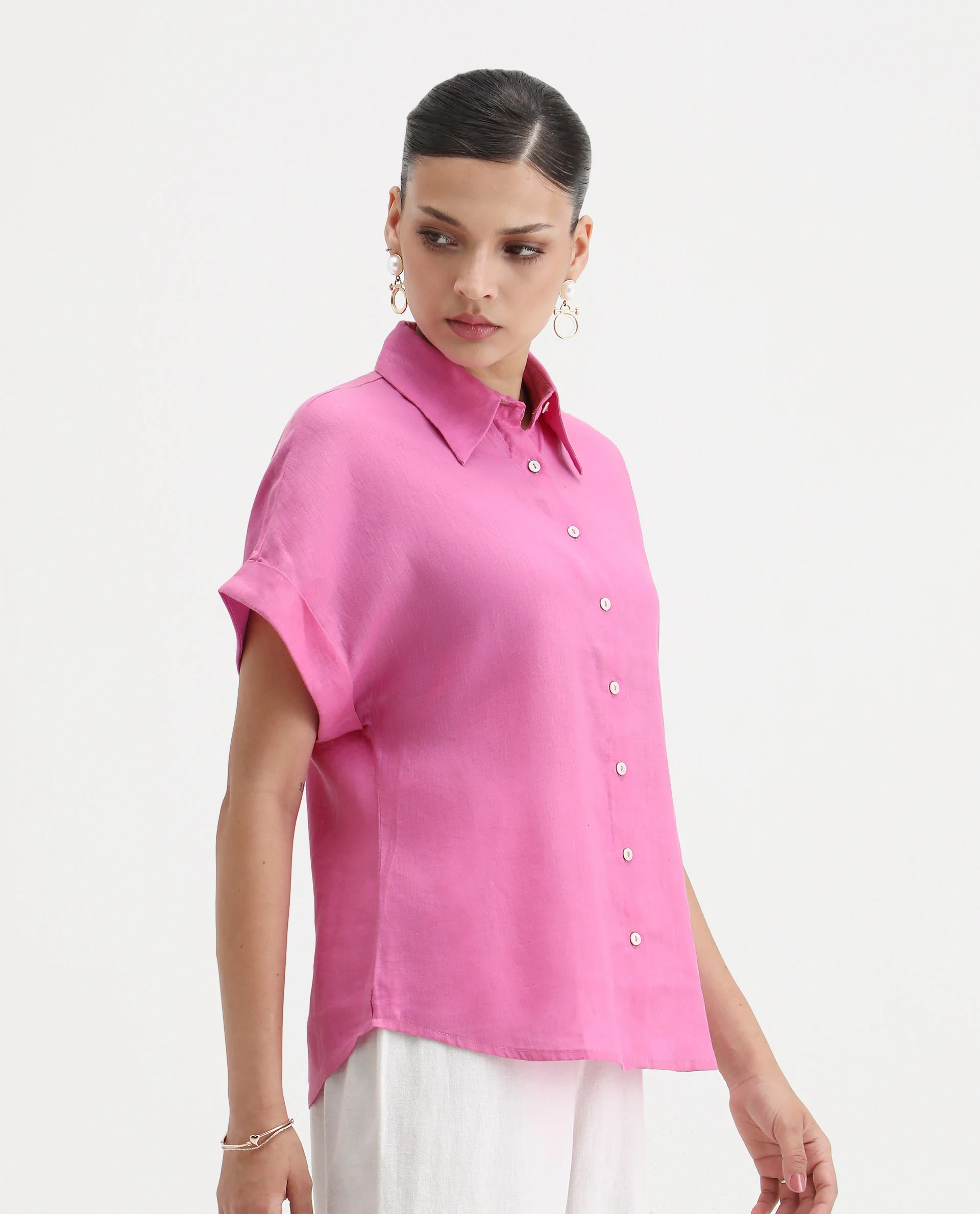 Rareism Women's Venezuela Light Pink Cotton Blend Drop Collar Plain Extended Sleeves Relaxed Fit Shirt - Image 7