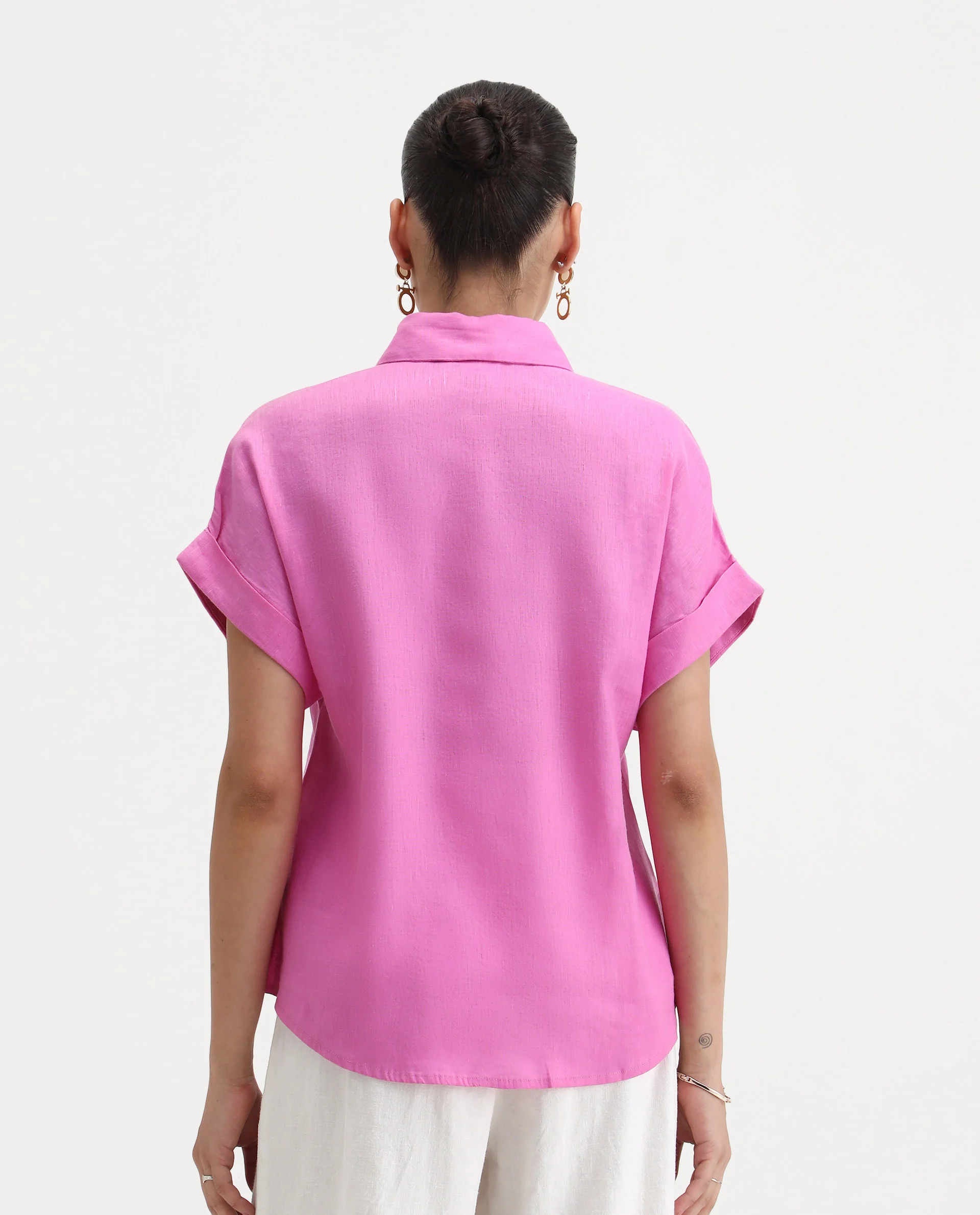Rareism Women's Venezuela Light Pink Cotton Blend Drop Collar Plain Extended Sleeves Relaxed Fit Shirt - Image 8