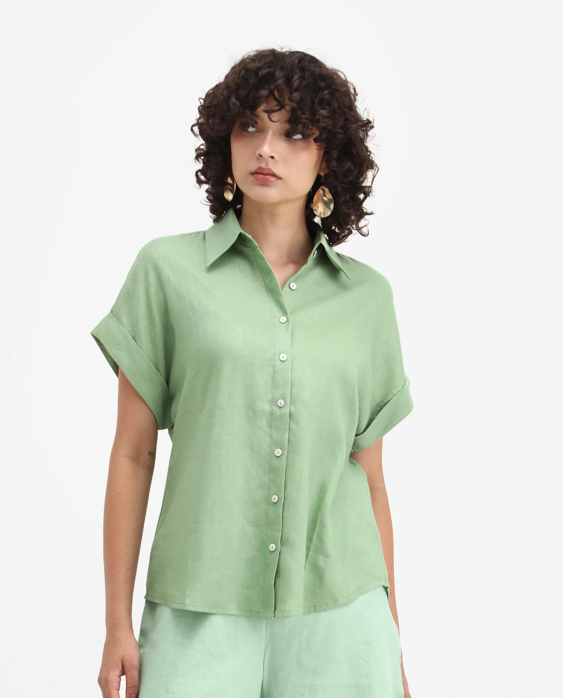 Rareism Women's Venezuela Pastel Green Cotton Linen Drop Collar Plain Extended Sleeves Relaxed Fit Shirt - Image 3