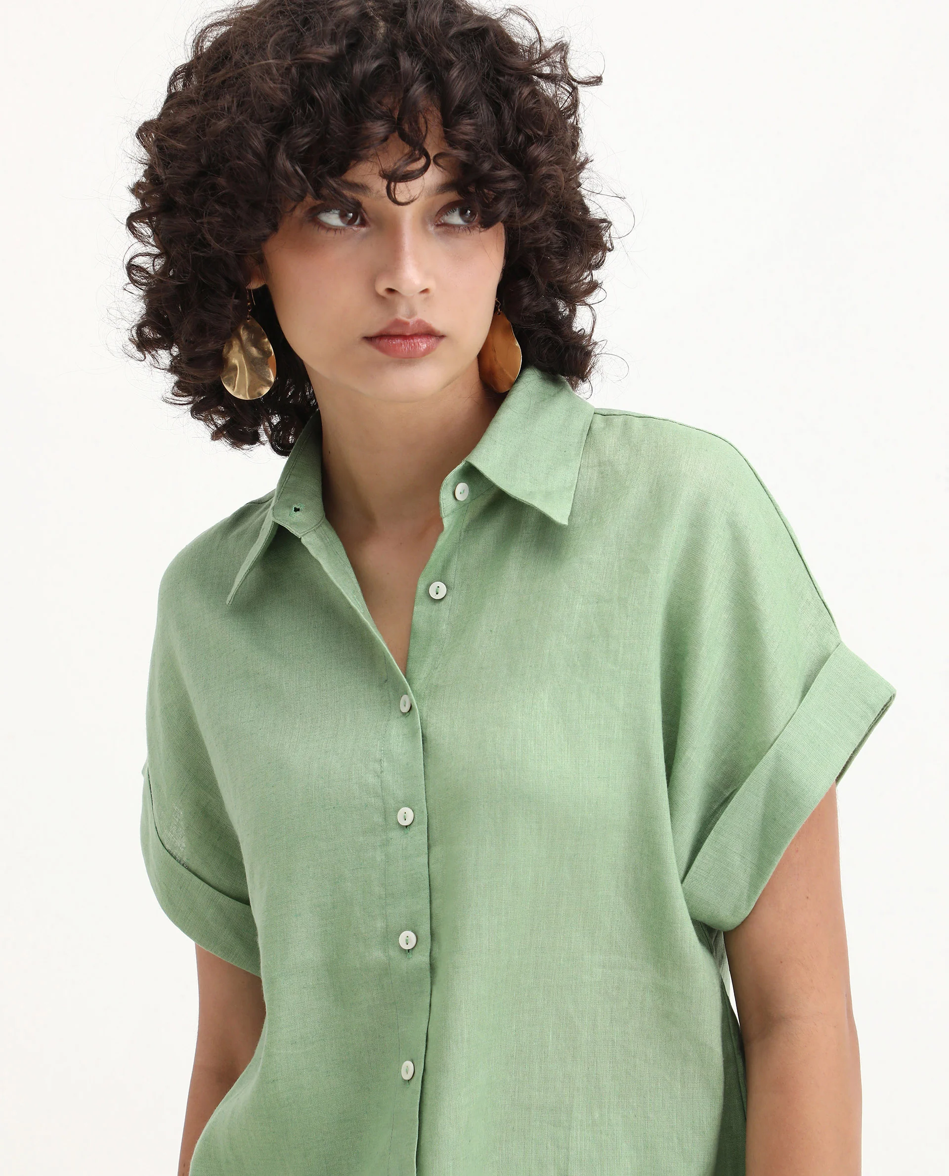 Rareism Women's Venezuela Pastel Green Cotton Linen Drop Collar Plain Extended Sleeves Relaxed Fit Shirt - Image 4
