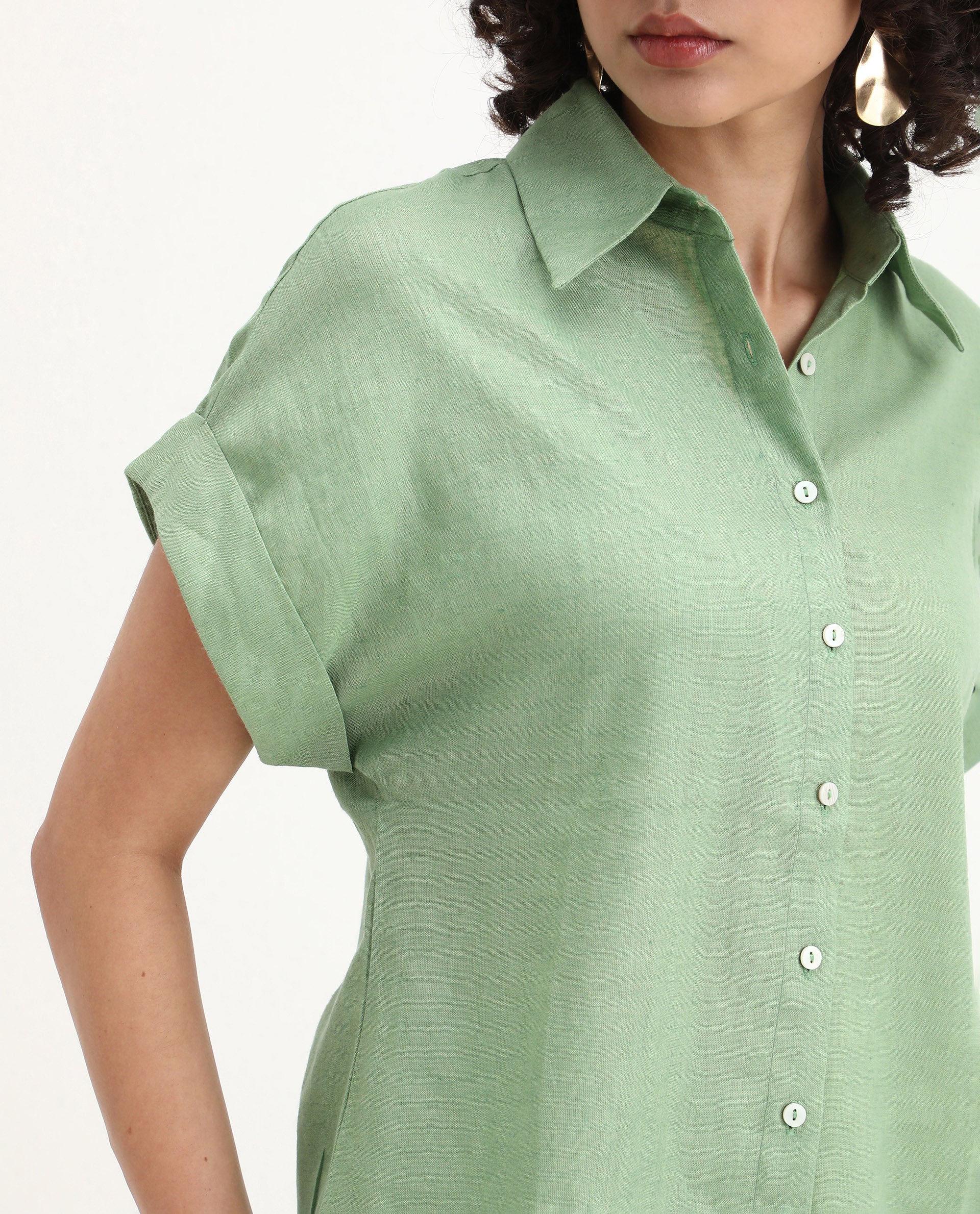 Rareism Women's Venezuela Pastel Green Cotton Linen Drop Collar Plain Extended Sleeves Relaxed Fit Shirt - Image 5
