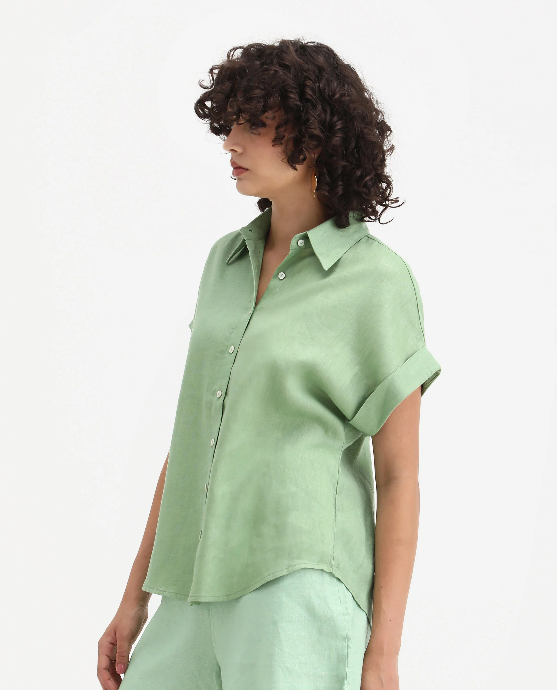 Rareism Women's Venezuela Pastel Green Cotton Linen Drop Collar Plain Extended Sleeves Relaxed Fit Shirt - Image 6