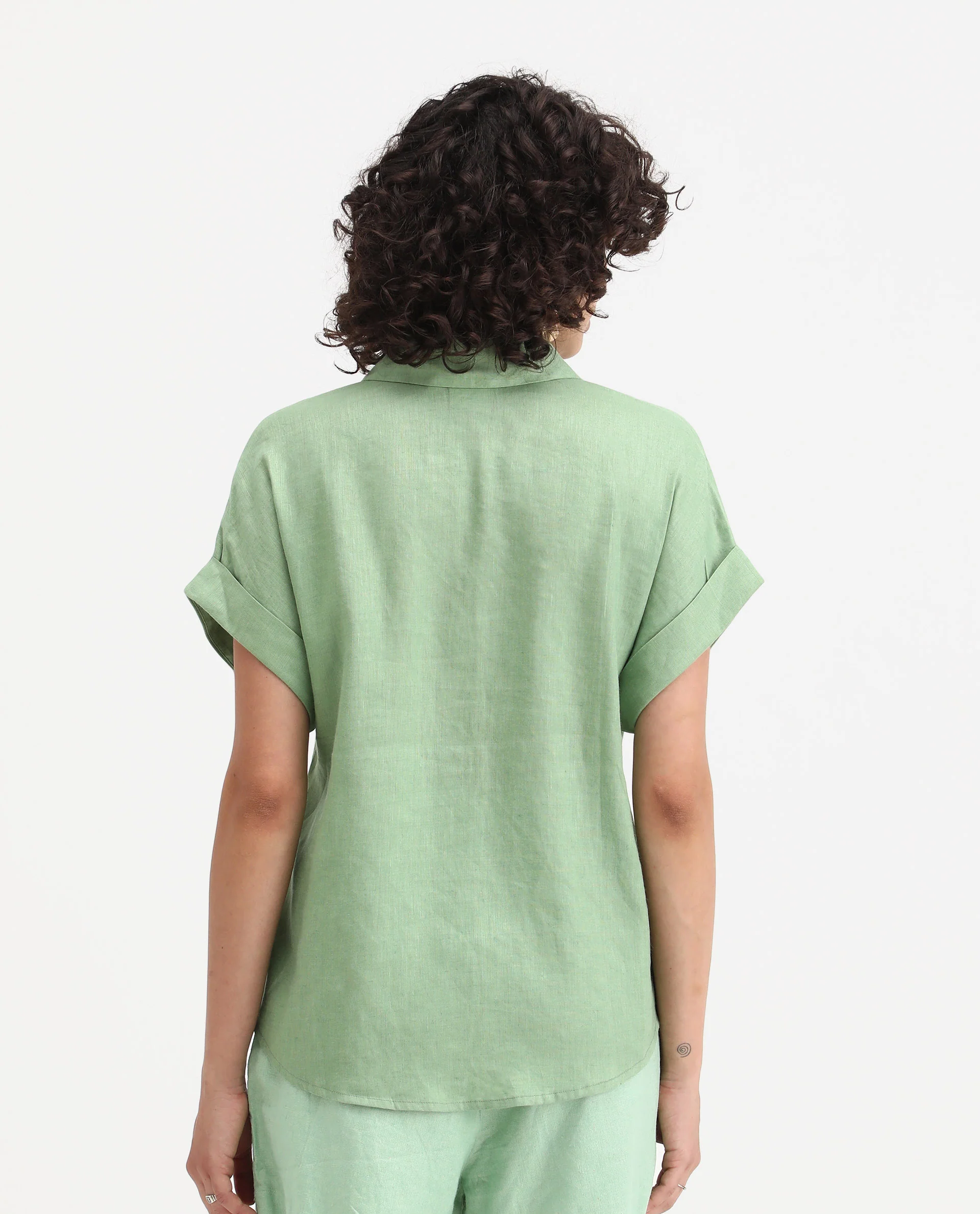 Rareism Women's Venezuela Pastel Green Cotton Linen Drop Collar Plain Extended Sleeves Relaxed Fit Shirt - Image 7