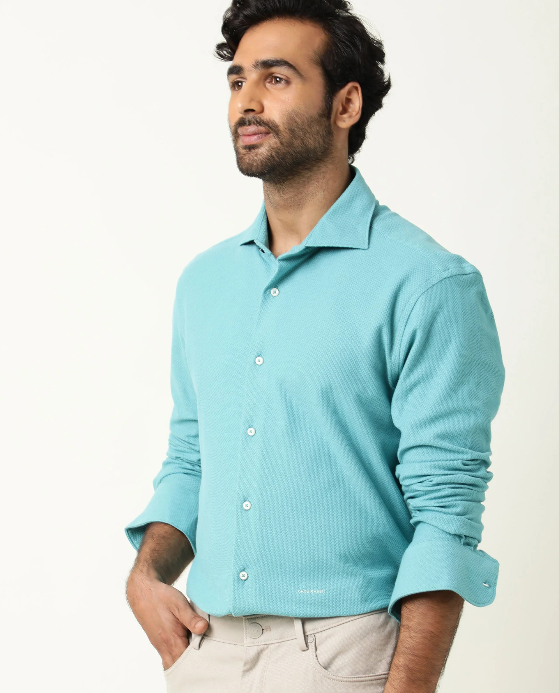 Rare Rabbit Men's Venezya Turq Cotton Plain Regular Fit Full Sleeve Collared Shirt - Image 2