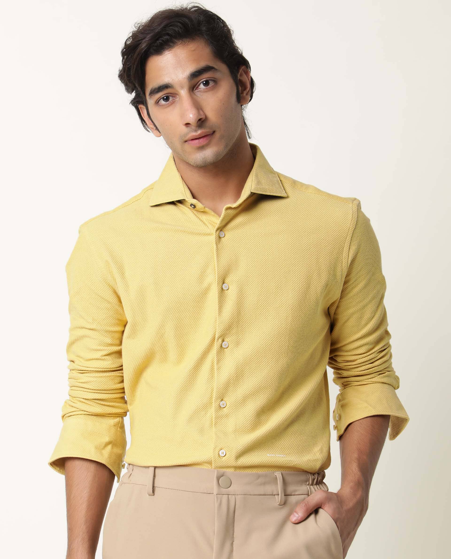 Rare Rabbit Men's Venezya Yellow Cotton Plain Regular Fit Full Sleeve Collared Shirt - Image 3