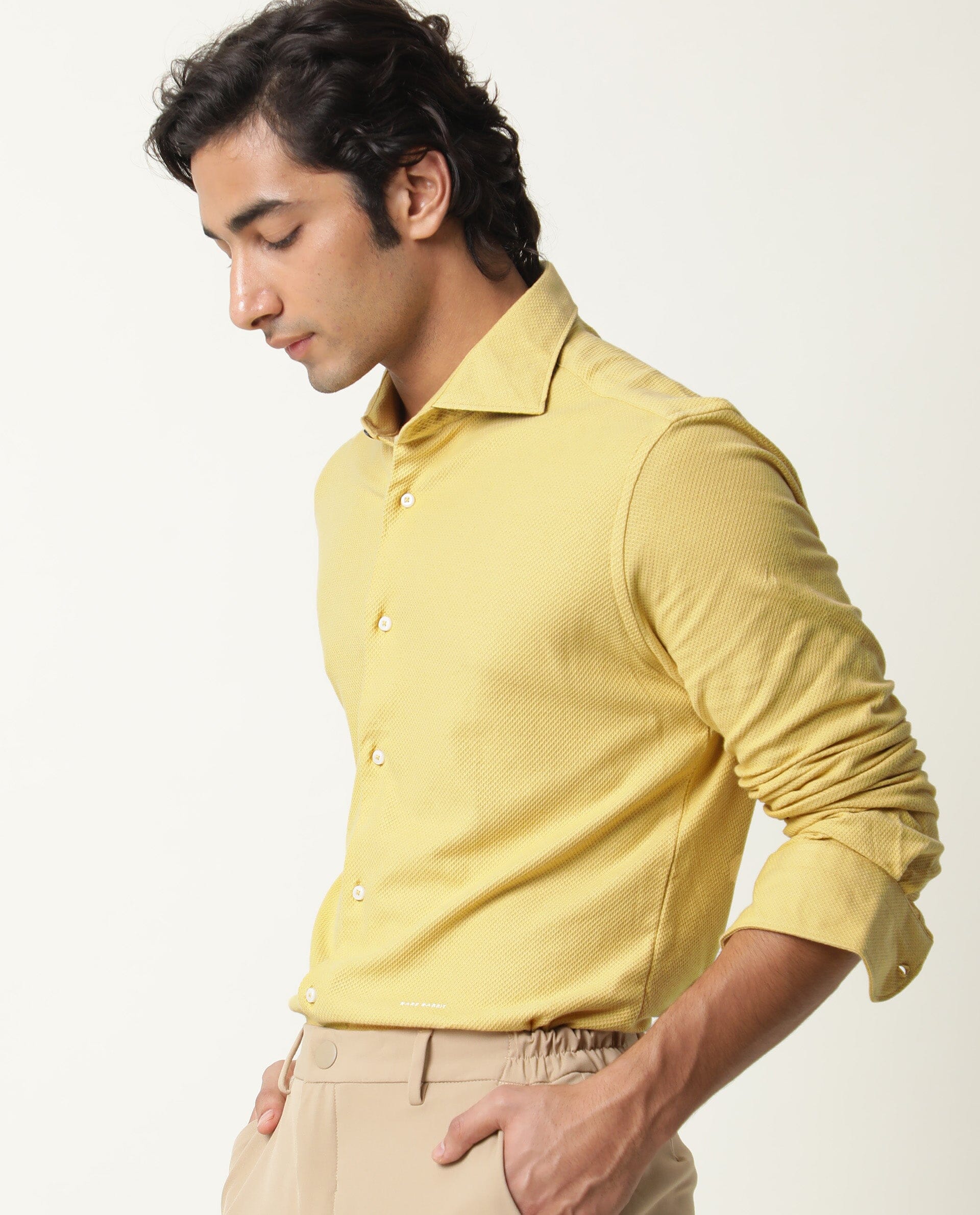 Rare Rabbit Men's Venezya Yellow Cotton Plain Regular Fit Full Sleeve Collared Shirt - Image 4