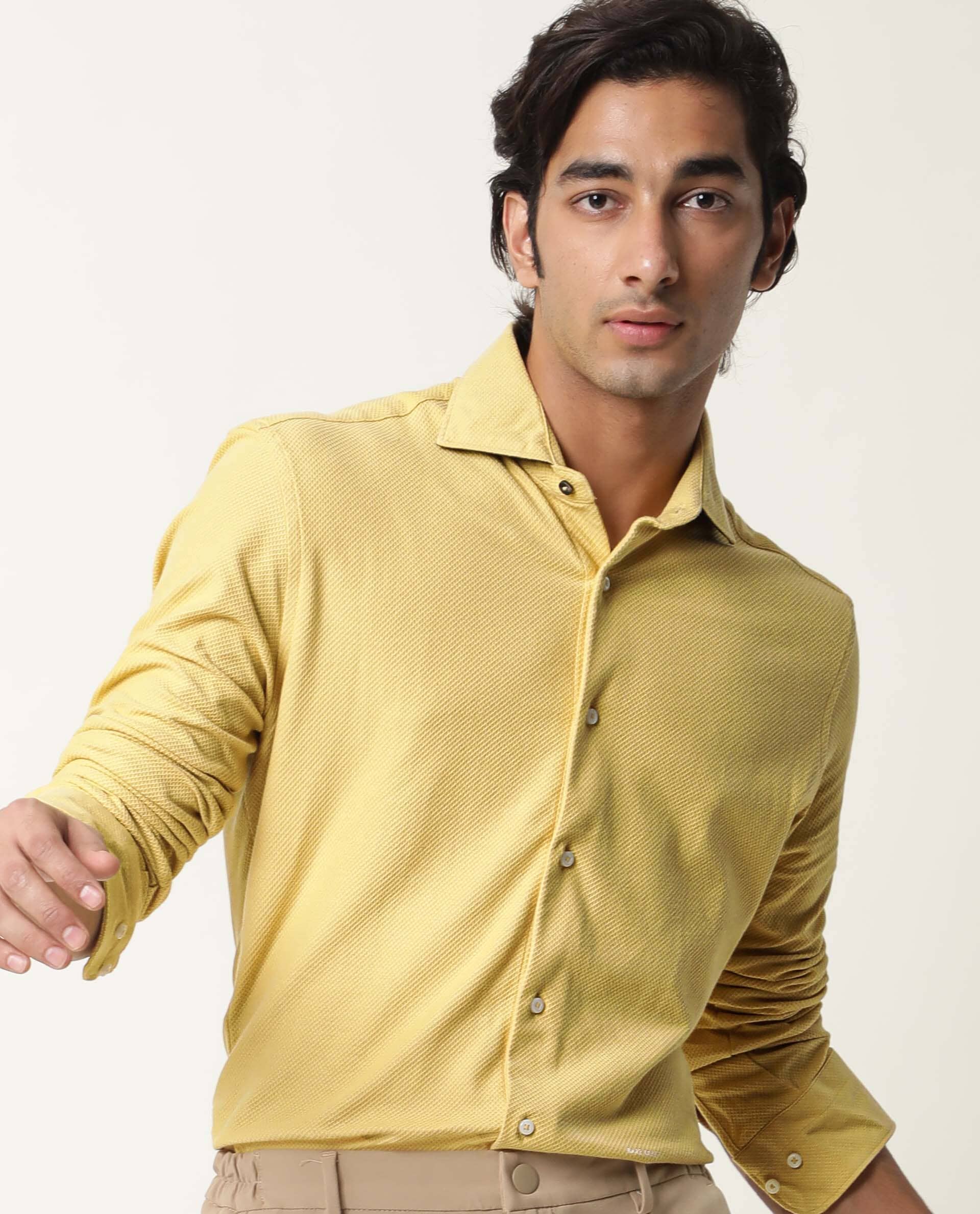 Rare Rabbit Men's Venezya Yellow Cotton Plain Regular Fit Full Sleeve Collared Shirt - Image 5