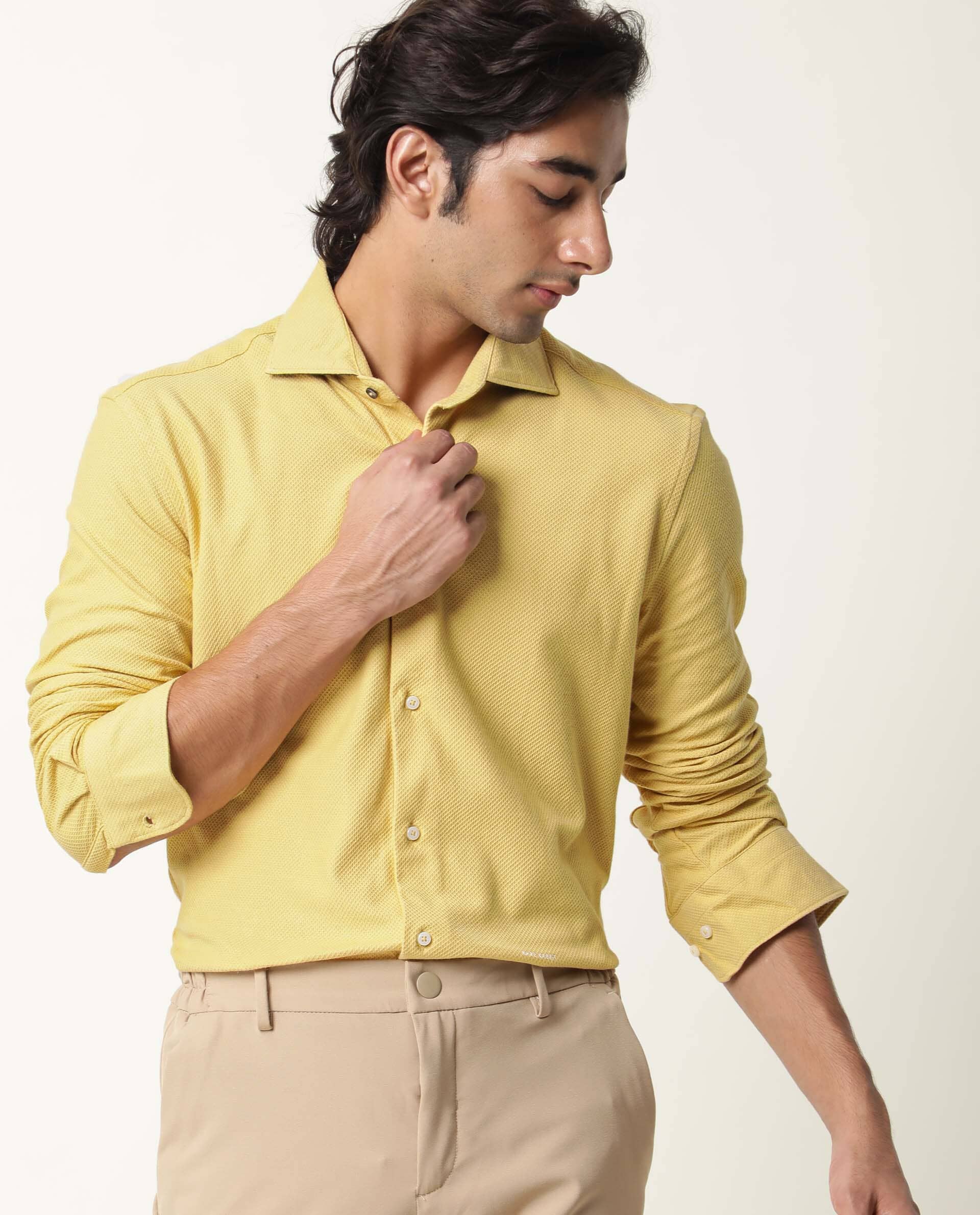 Rare Rabbit Men's Venezya Yellow Cotton Plain Regular Fit Full Sleeve Collared Shirt - Image 7
