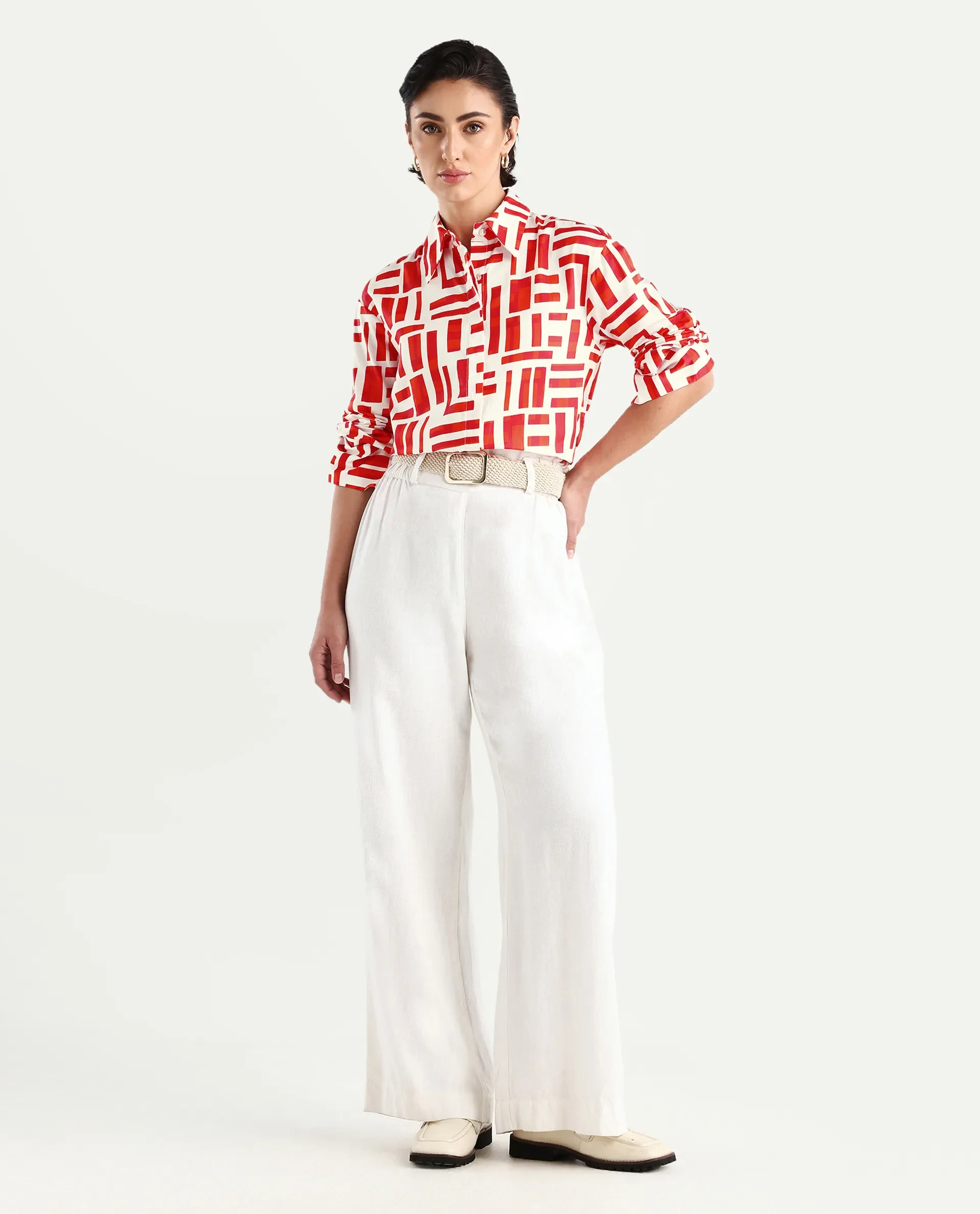 Rareism Women's Venice Red Cotton Drop Collar Geometric Print Cuffed Sleeve Regular Fit Shirt - Image 2