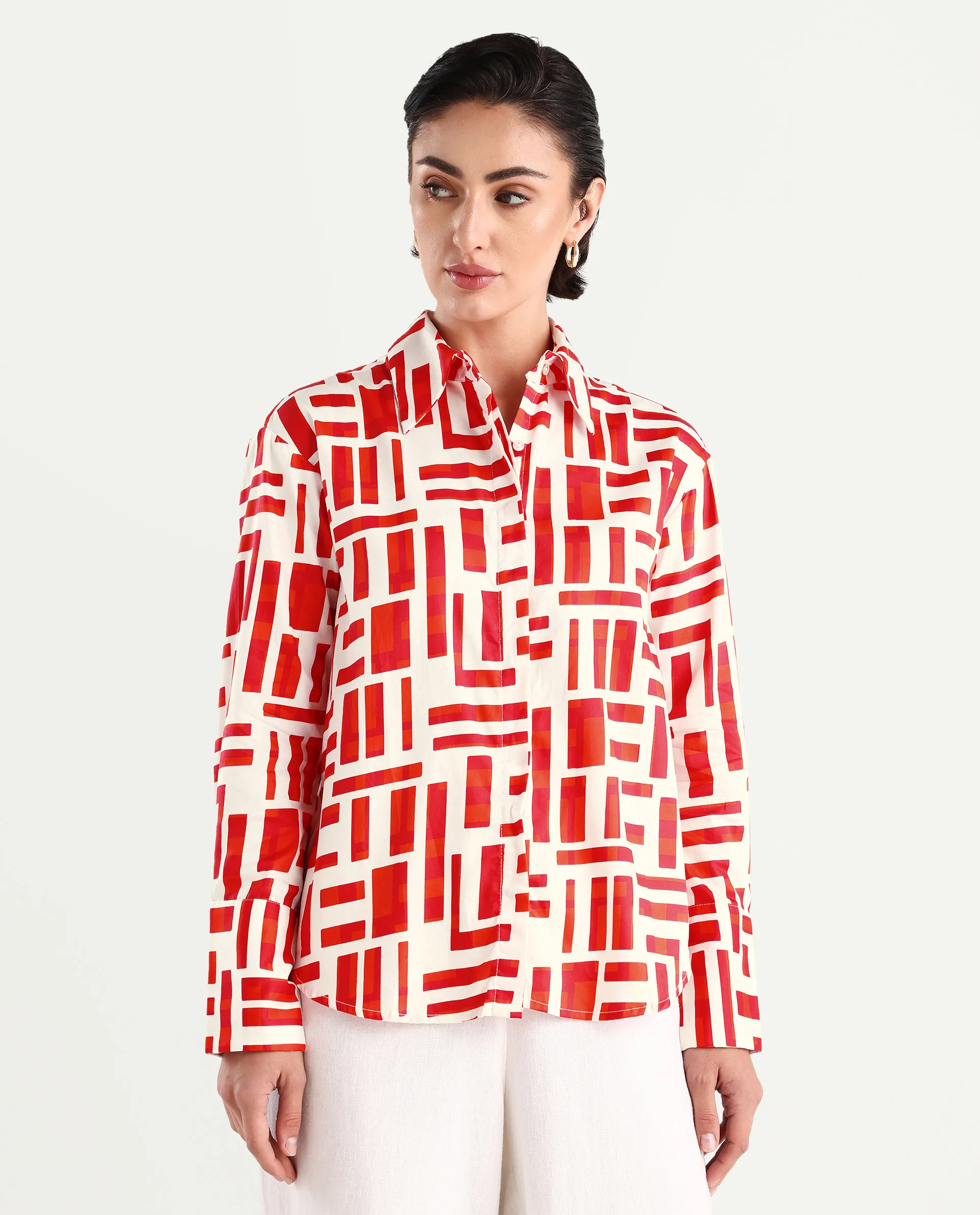 Rareism Women's Venice Red Cotton Drop Collar Geometric Print Cuffed Sleeve Regular Fit Shirt - Image 3