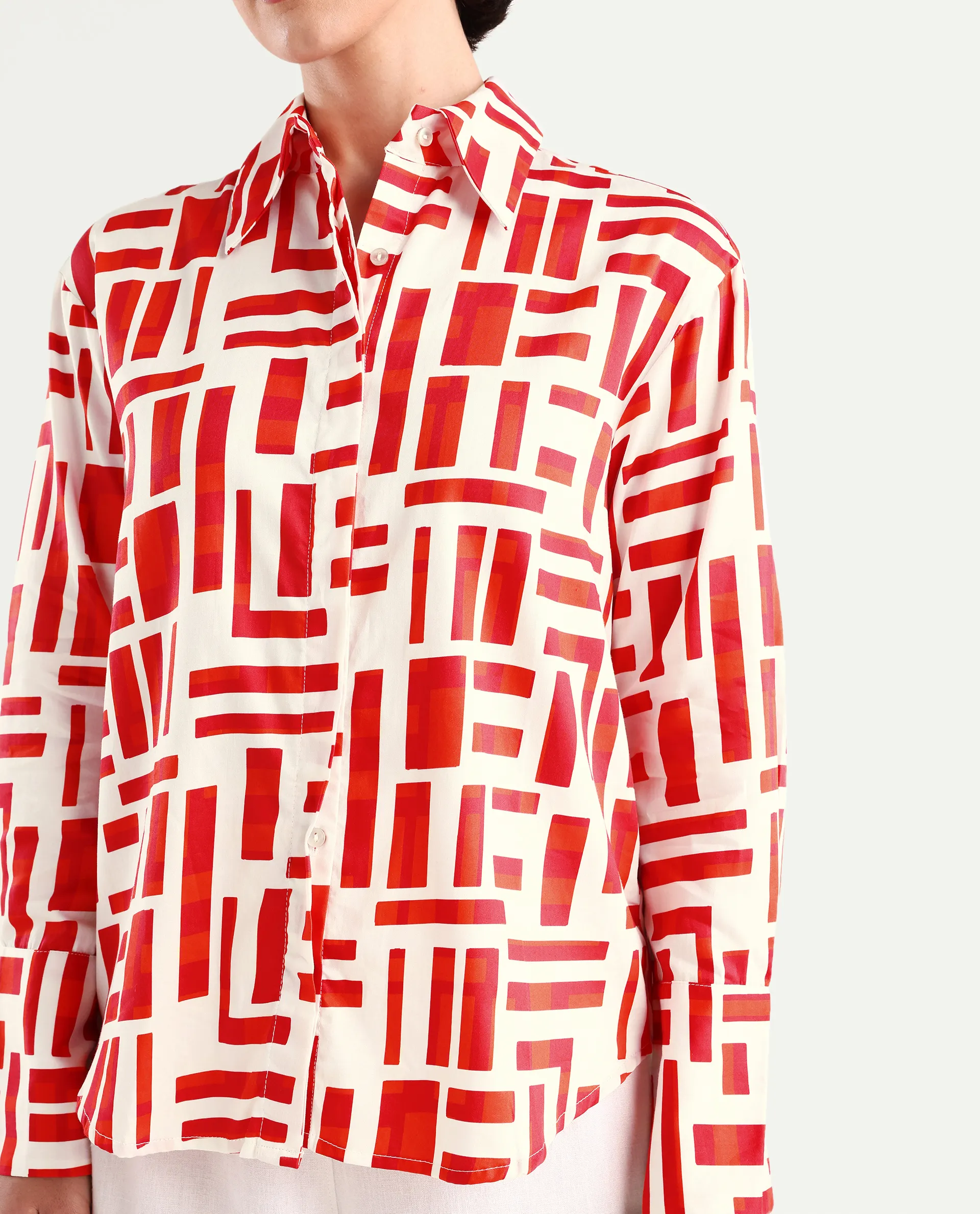 Rareism Women's Venice Red Cotton Drop Collar Geometric Print Cuffed Sleeve Regular Fit Shirt - Image 4